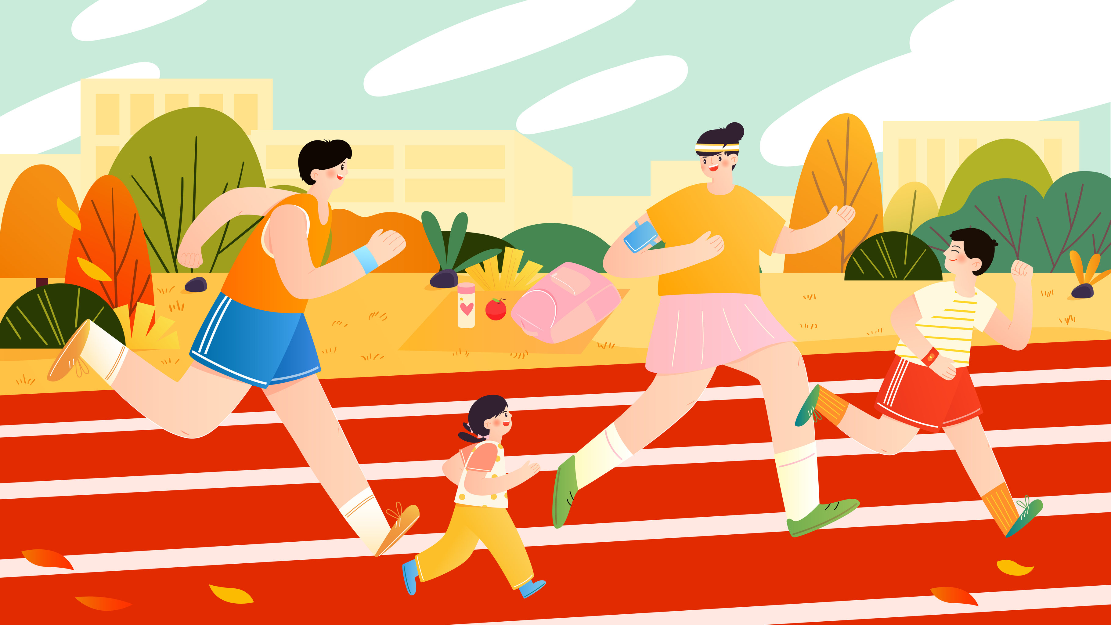一家四口公园跑步运动矢量插画横图