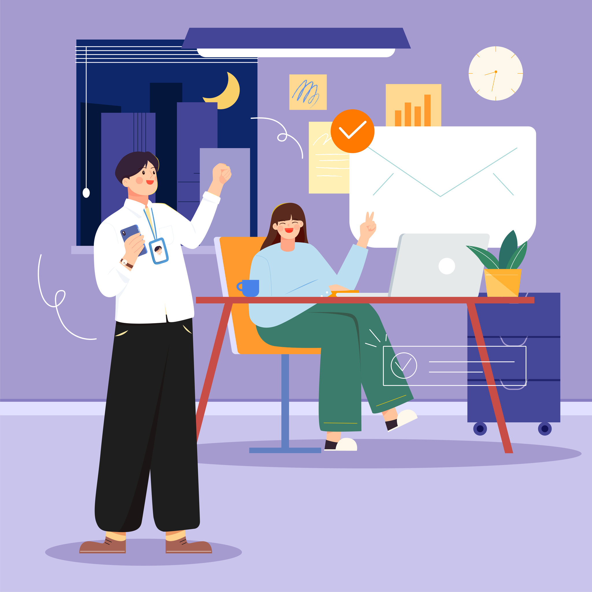 深夜努力工作的男女同事矢量插画方图