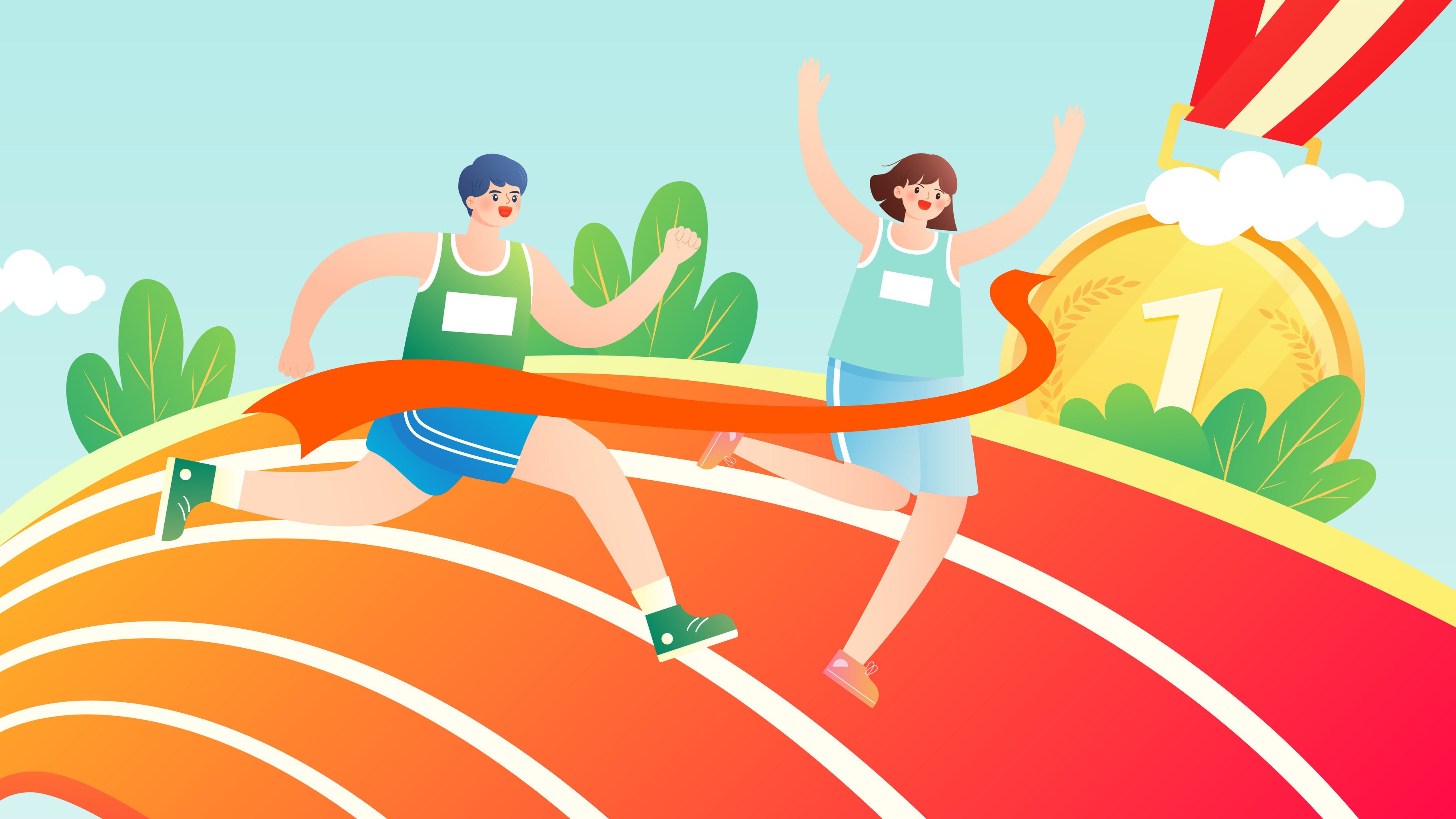 男孩女孩跑过终点线矢量插画海报横图