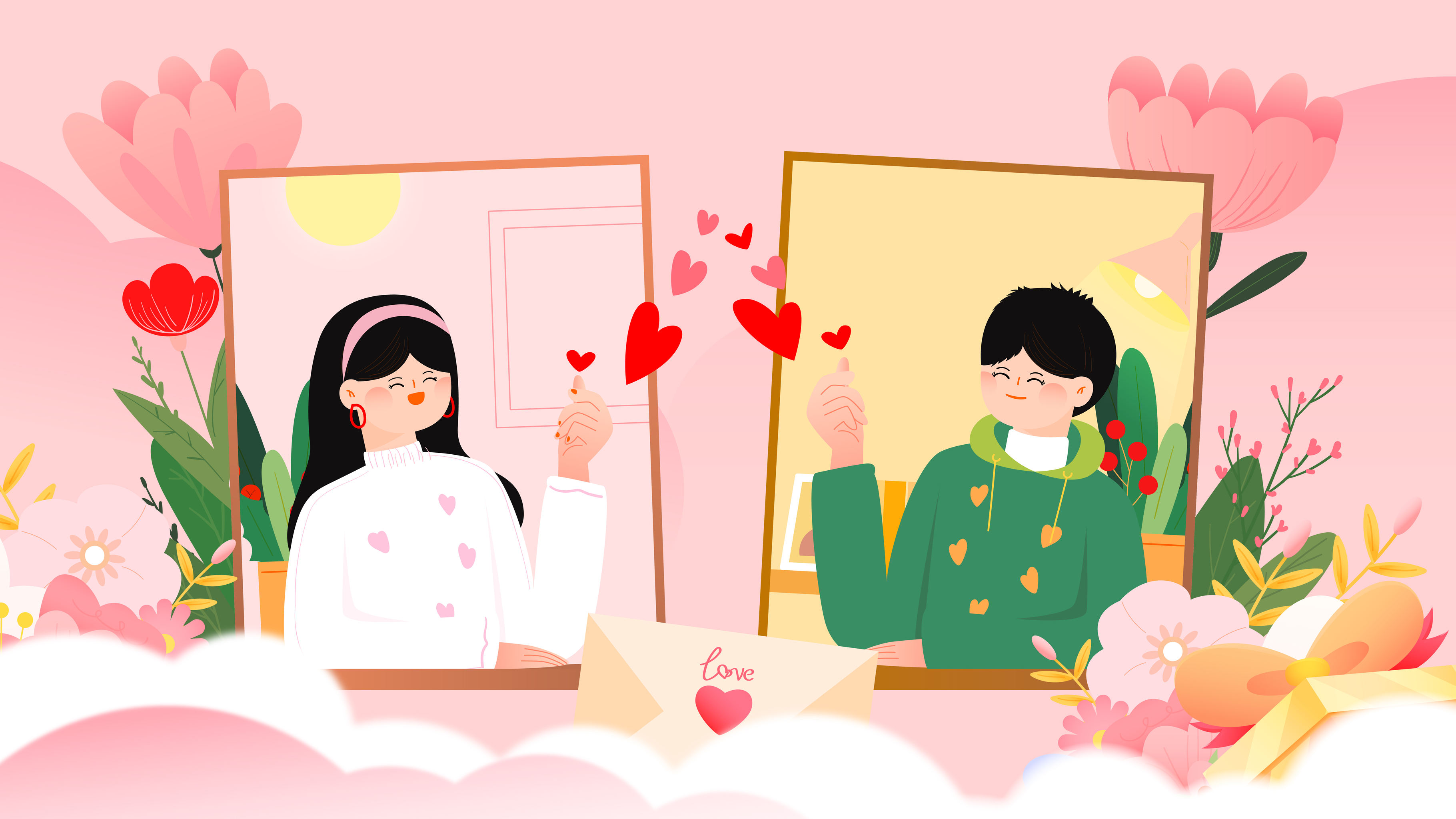 情侣朋友节日浪漫比心矢量插画海报横图