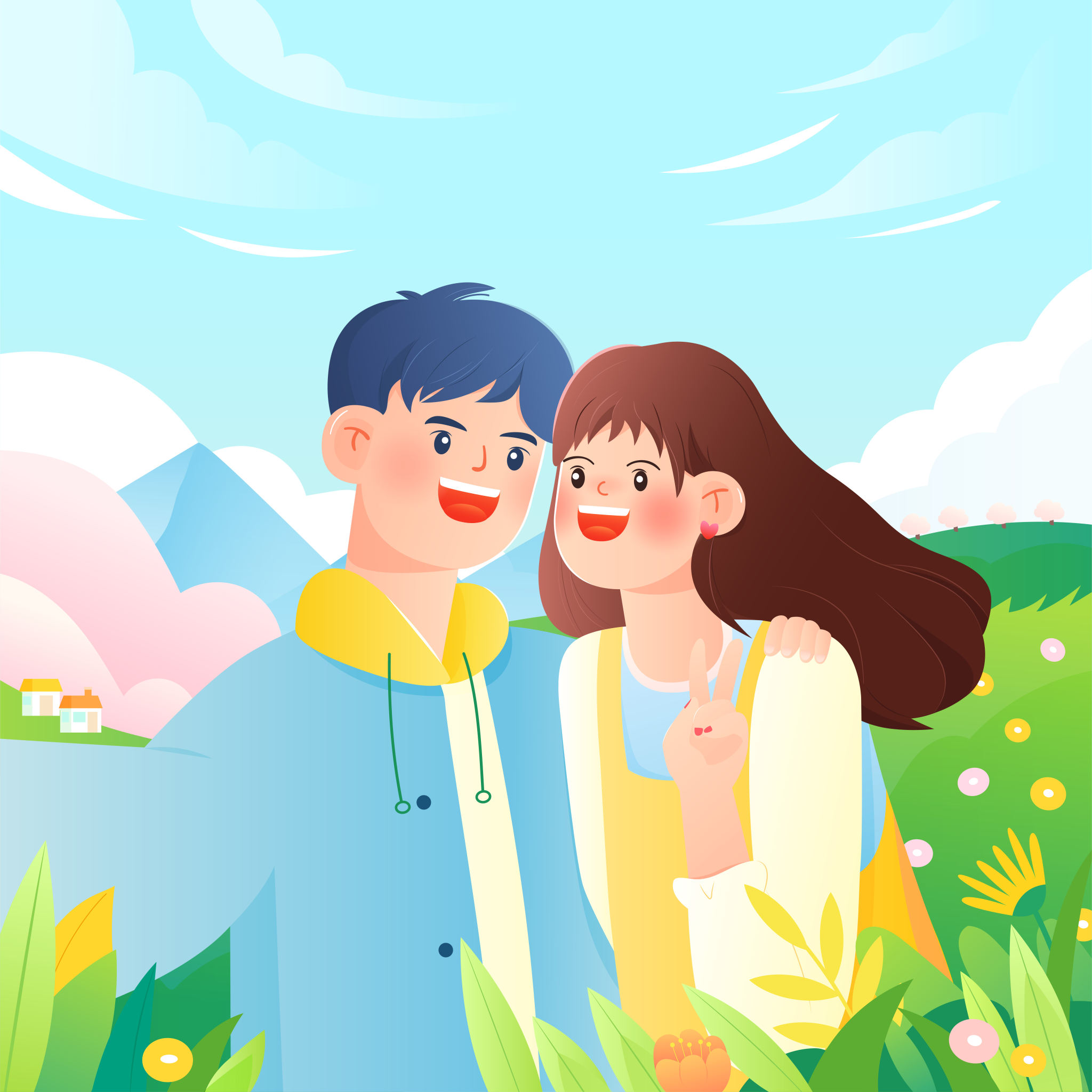 春分清明节五一十一情侣甜蜜出游自拍矢量插画方图