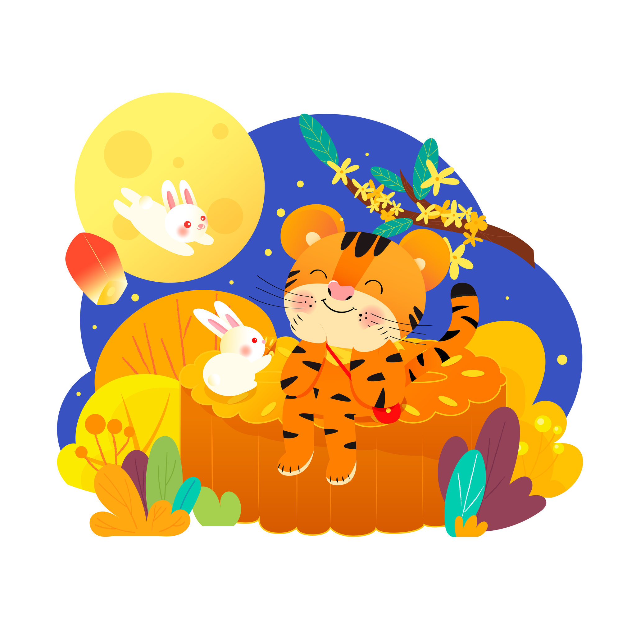 虎年中秋节可爱小老虎和兔子坐在月饼上矢量插画
