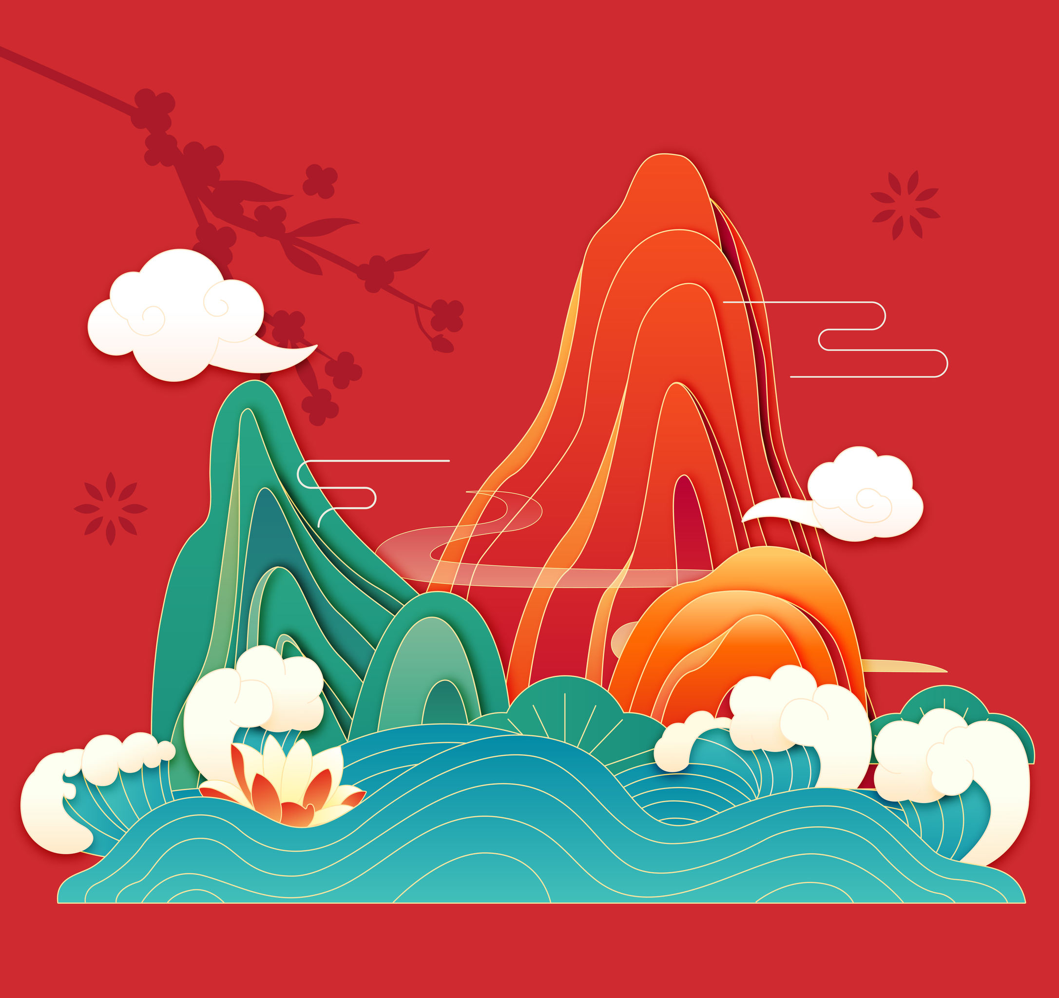 国潮山脉,浪花,云彩等矢量插画背景元素