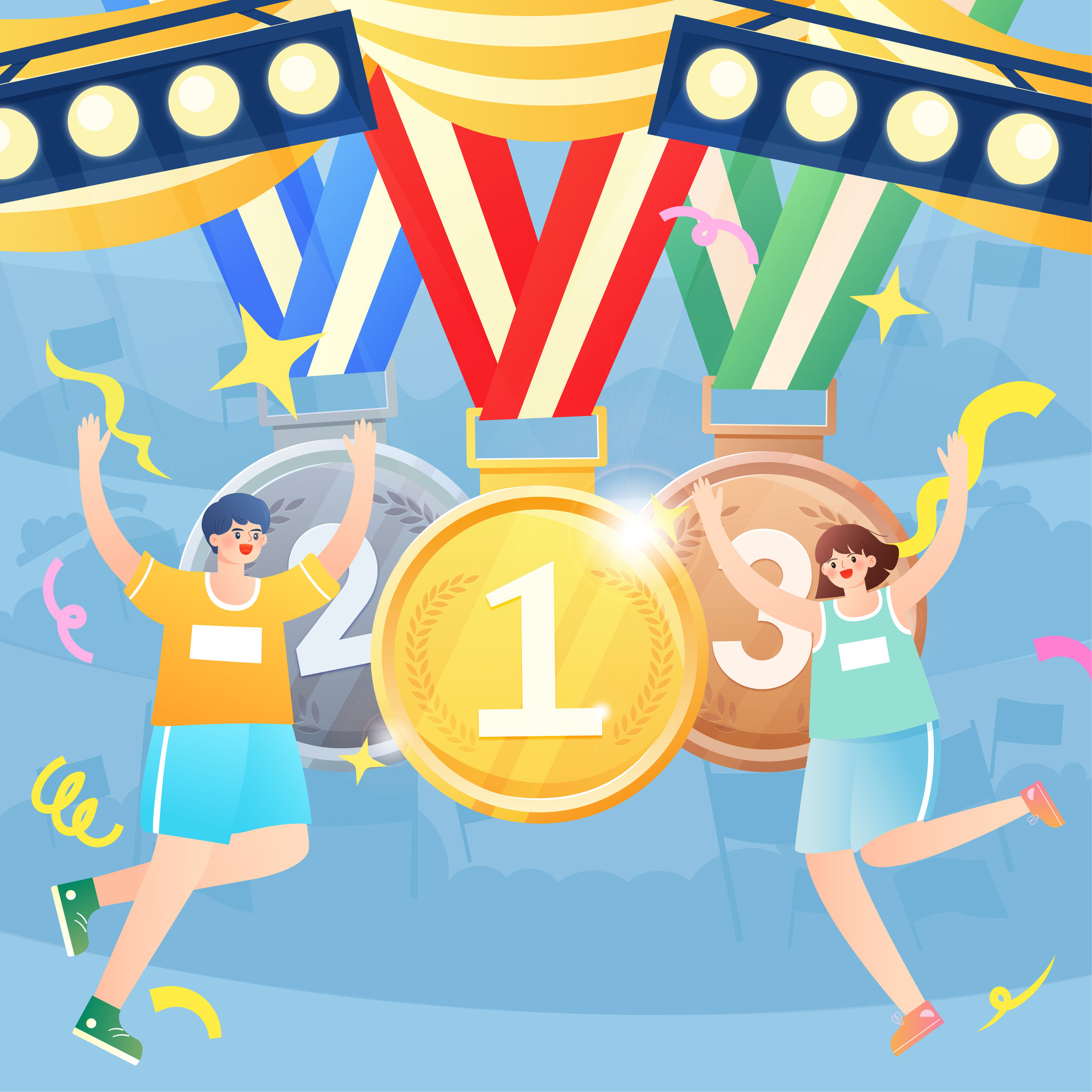 男女运动员站在奖牌前庆祝矢量插画海报方图