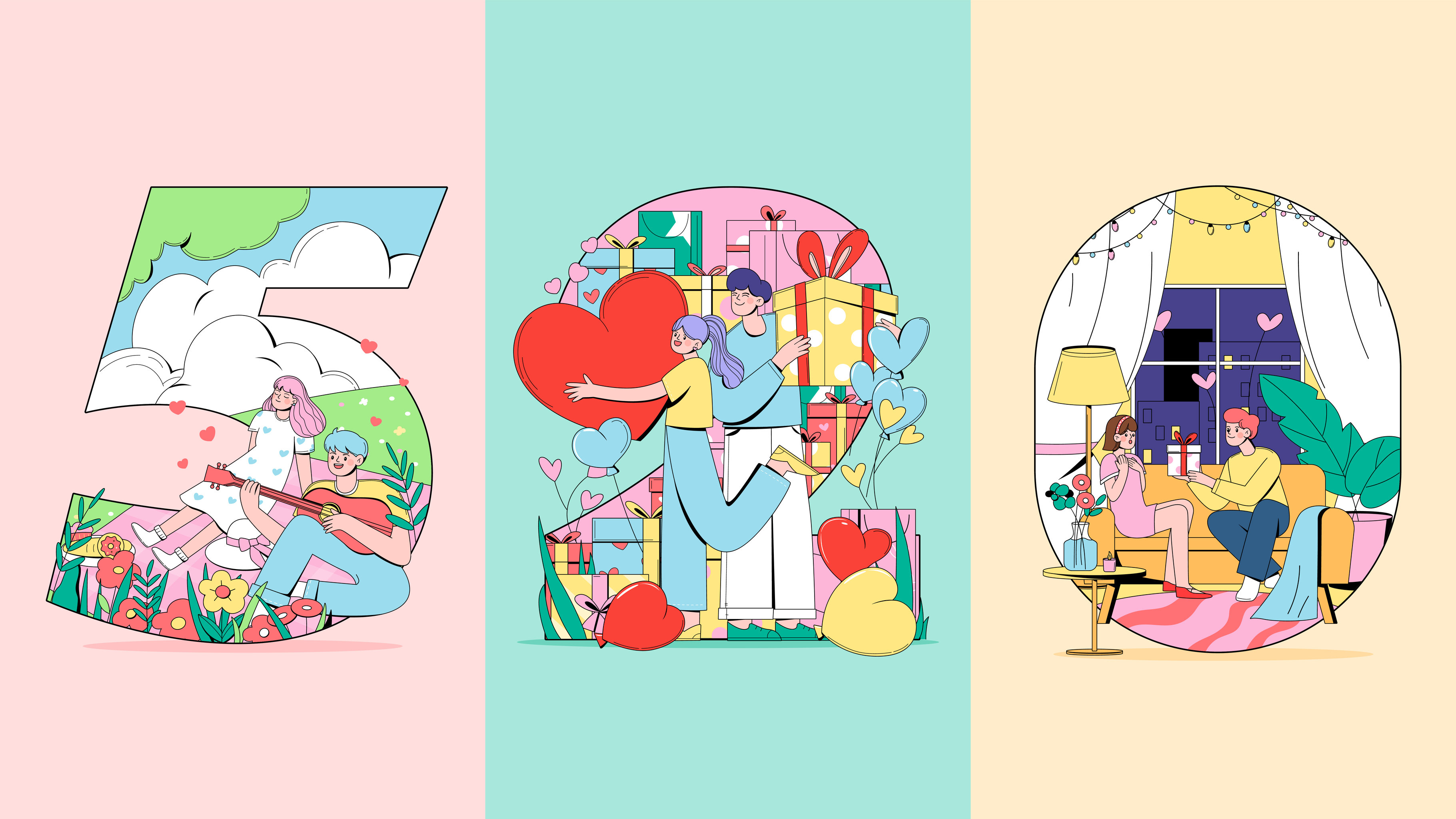 520情人节情侣约会购物送礼物电商促销矢量插画海报横图