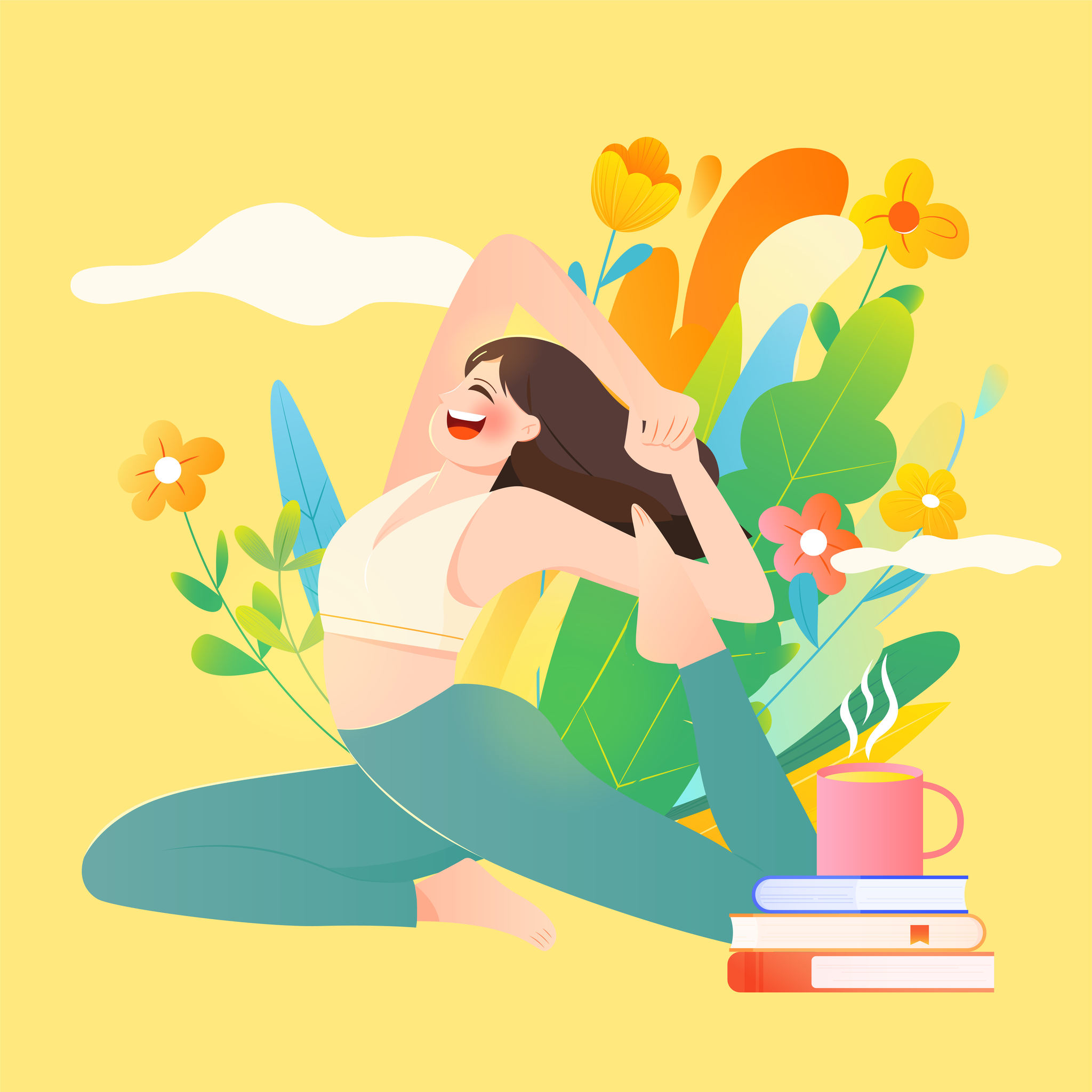 女孩在花丛中开心的瑜伽拉伸运动矢量插画