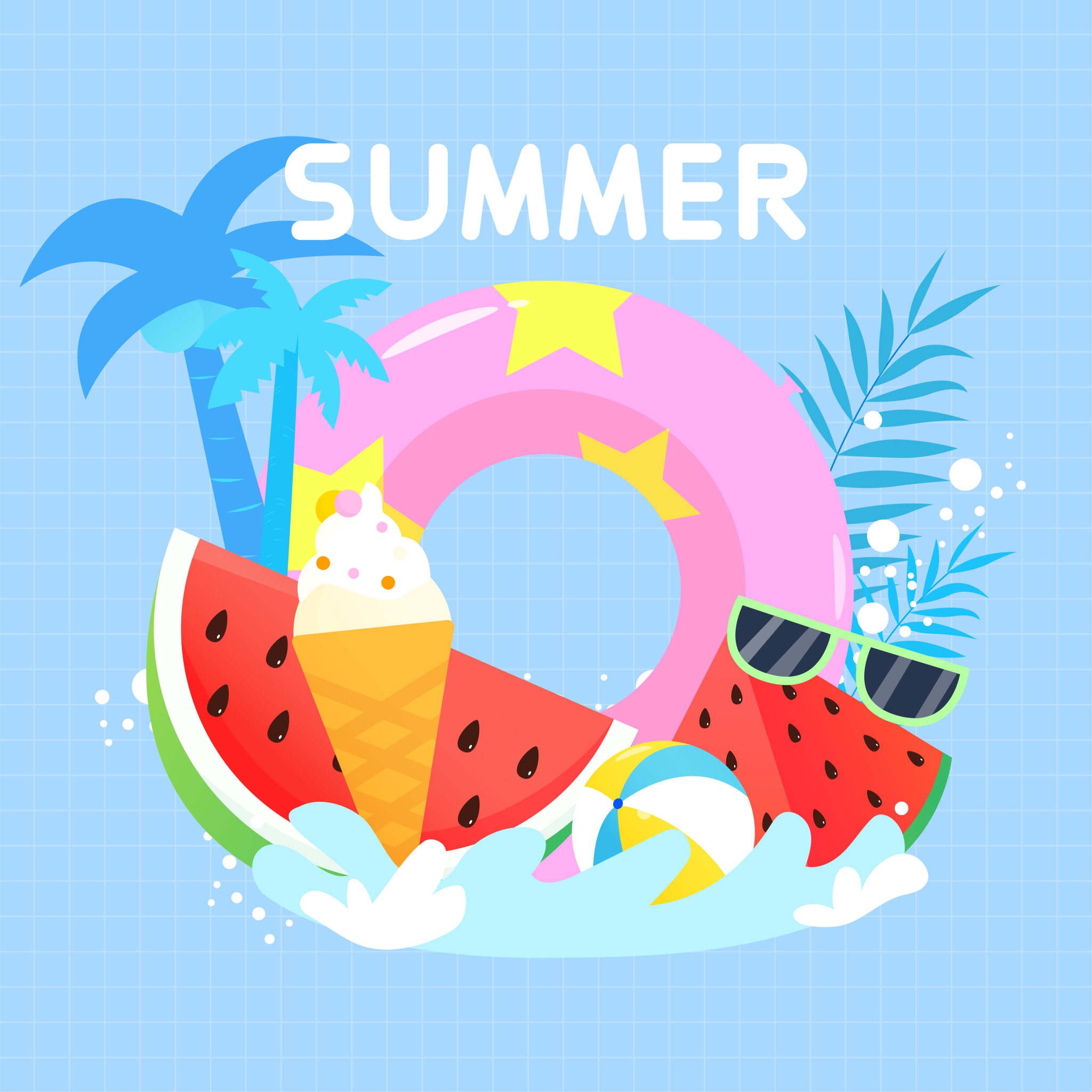 游泳圈西瓜太阳镜椰子树蓝色夏天矢量图案插画