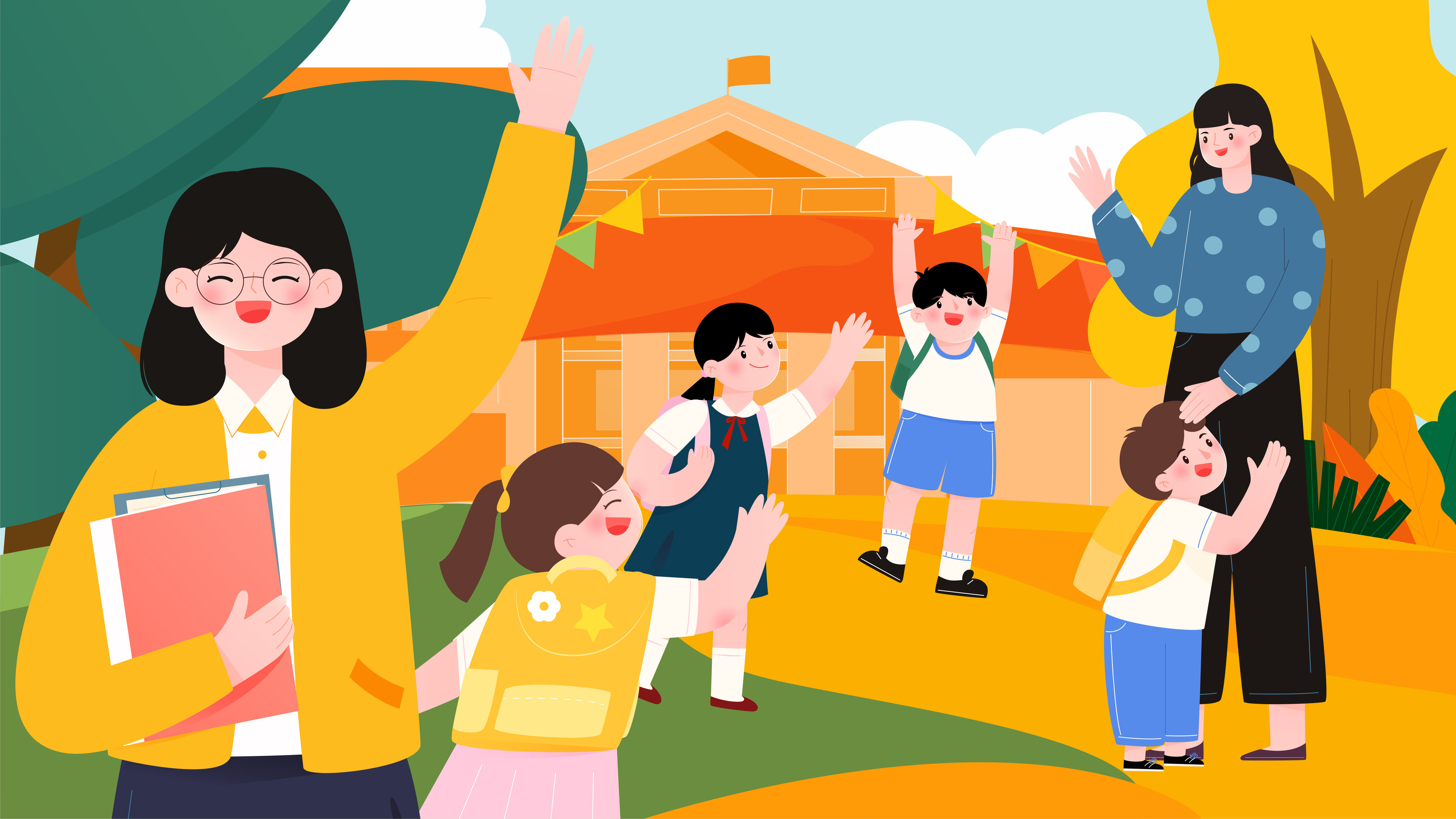 孩子们开心的跟老师打招呼开学季矢量插画横图