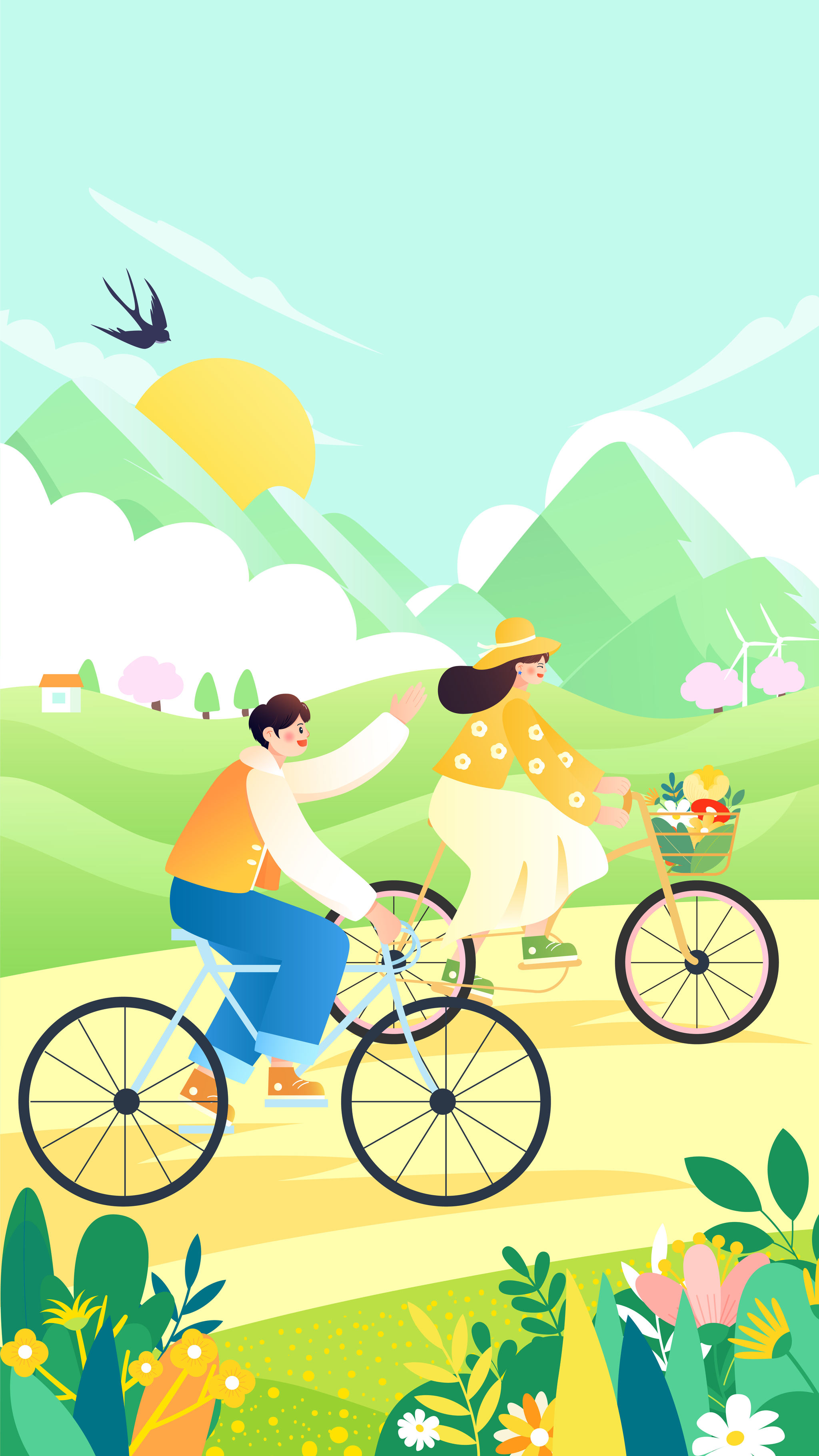 春天春分清明五一骑车出行户外游玩矢量插画竖图