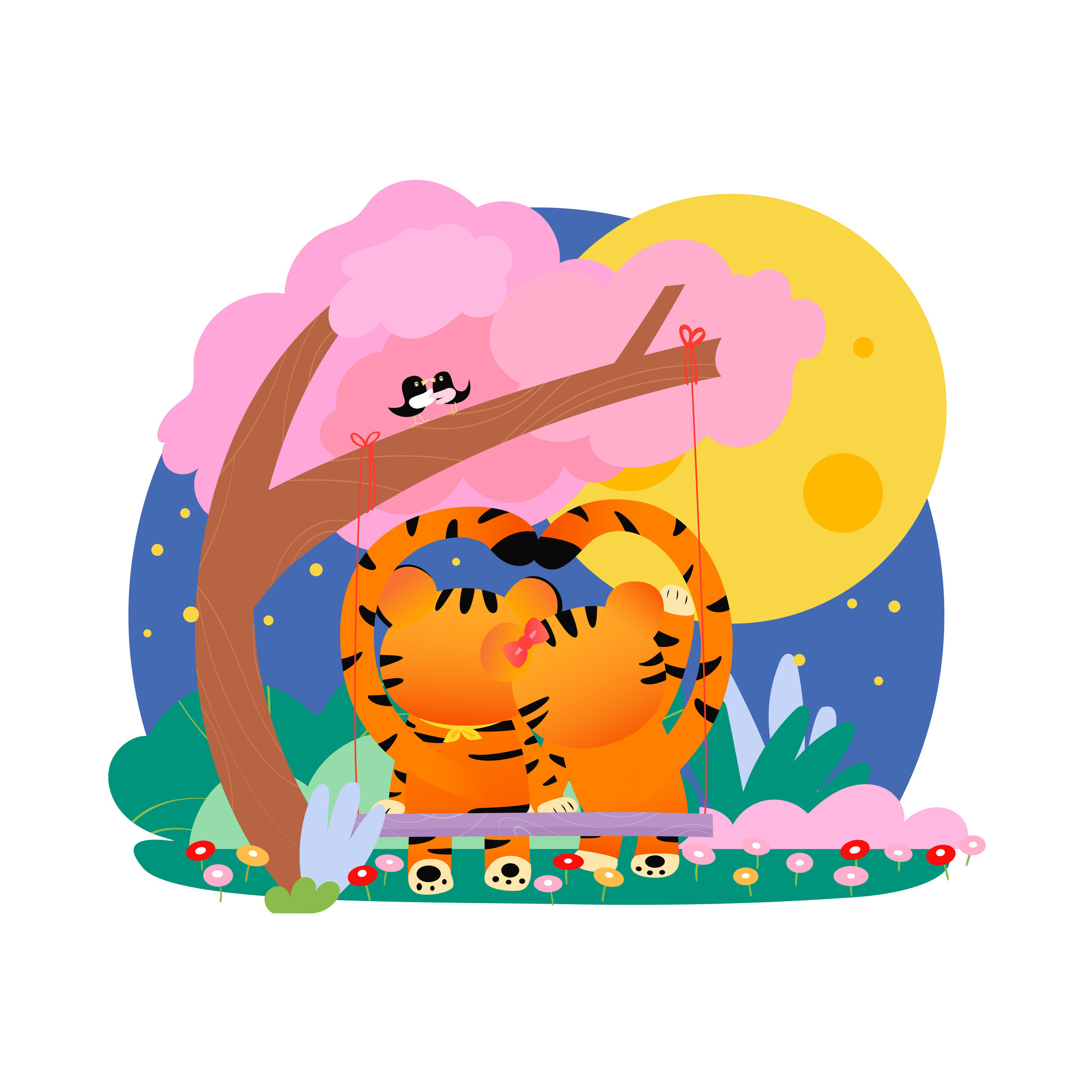 虎年七夕节可爱卡通老虎荡秋千矢量插画海报