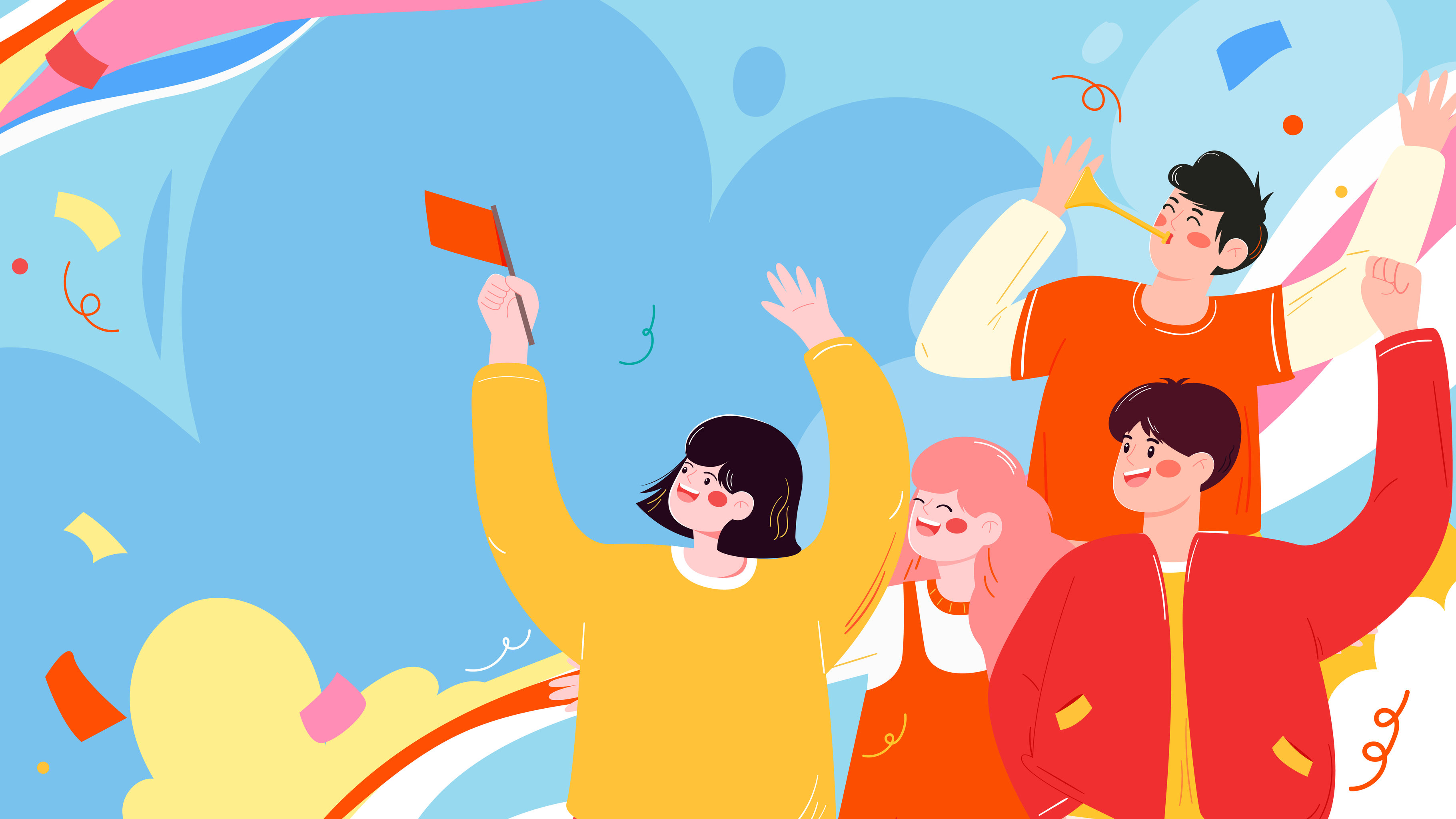 四个年轻人欢呼庆祝矢量插画海报背景横图