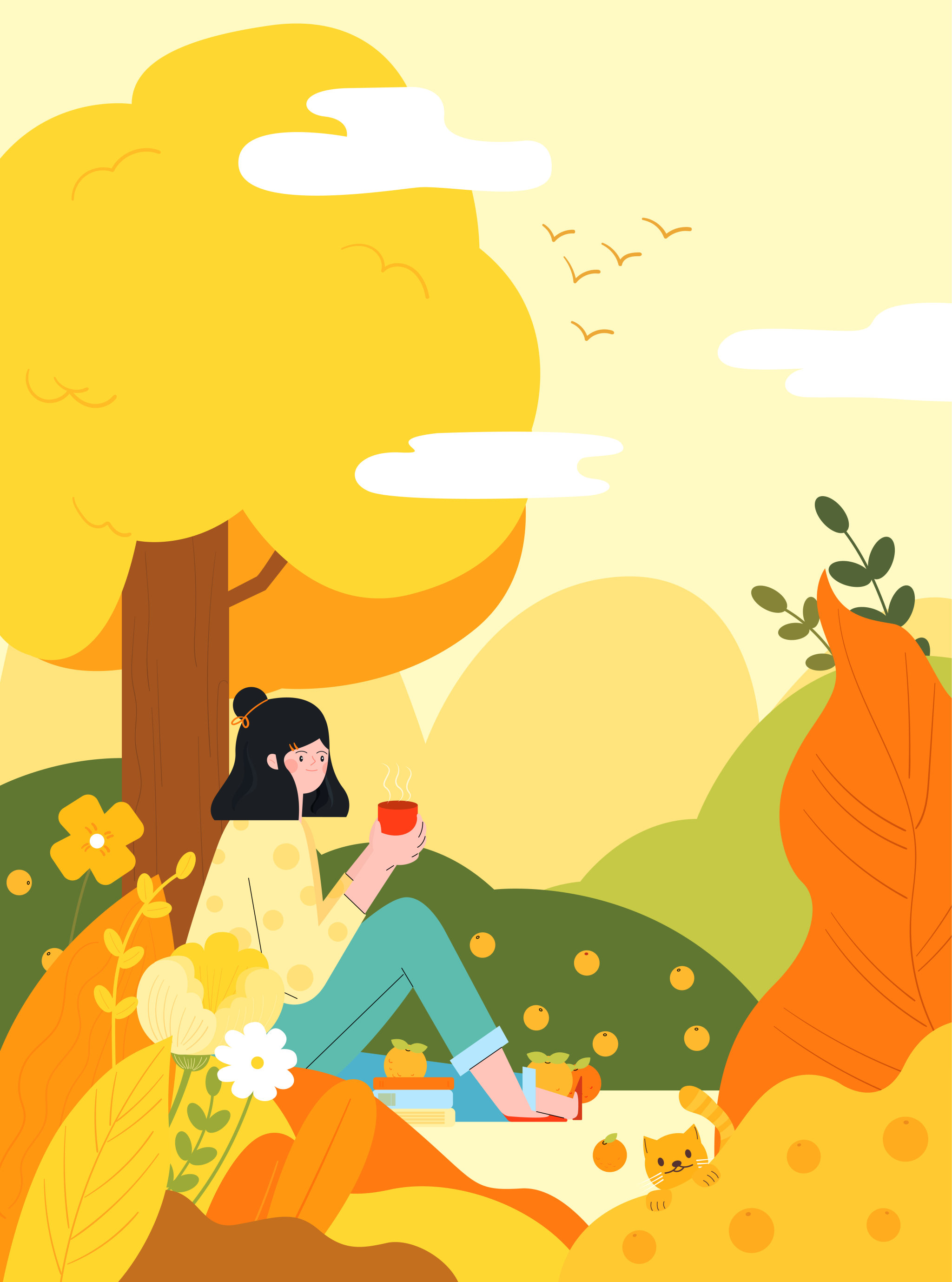 秋天女孩坐在花丛中喝茶矢量插画海报竖图