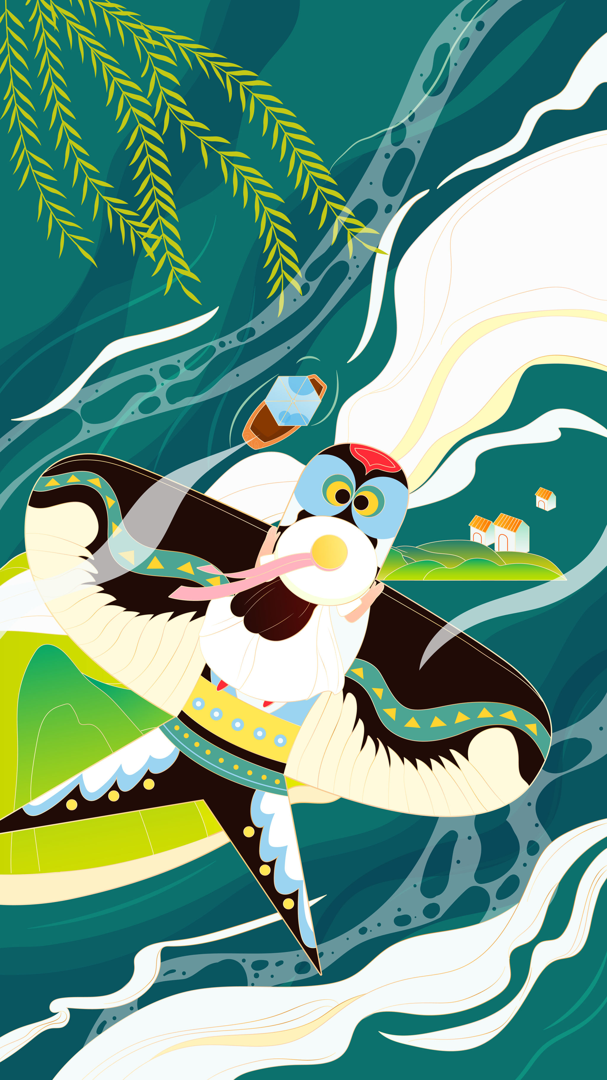 国潮女孩趴在风筝上飞过水纹云纹矢量插画 - 白色瓷盘 - 原创作品 - 