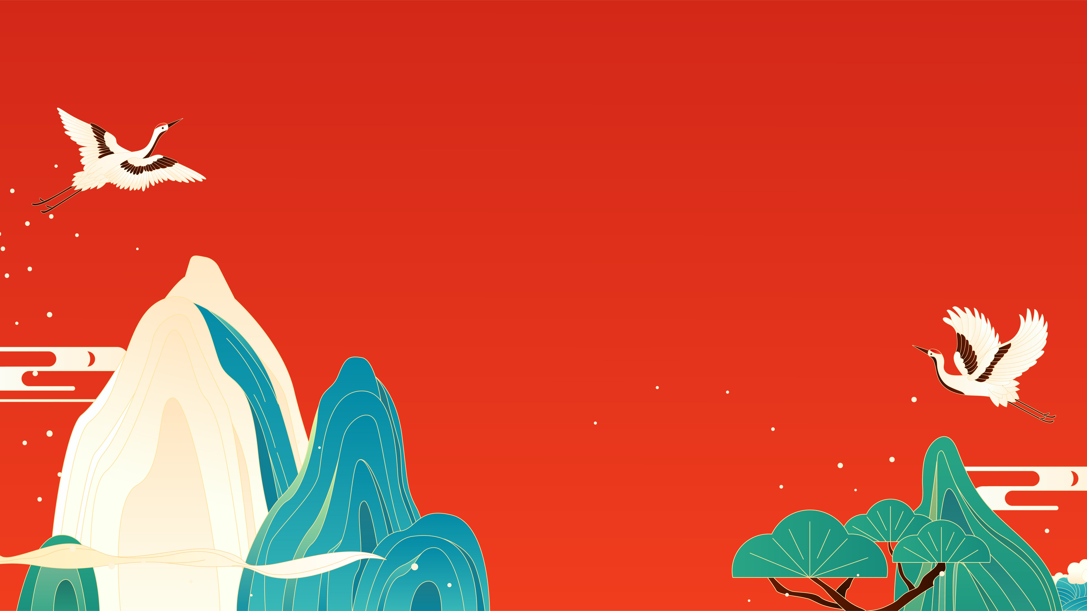 国潮风山脉仙鹤云纹松树红墙矢量插画背景