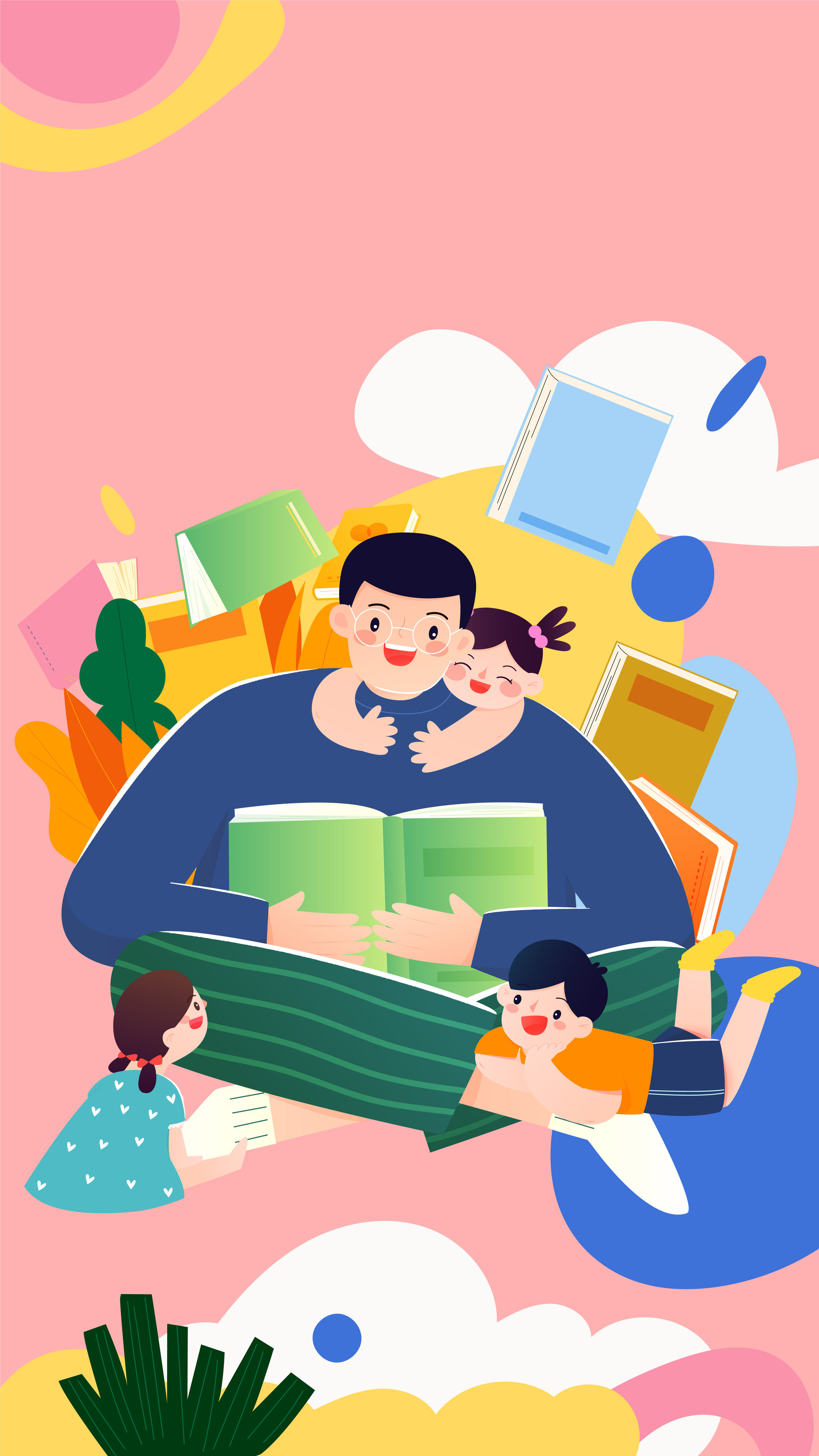 爸爸给三个孩子读书矢量插画竖图