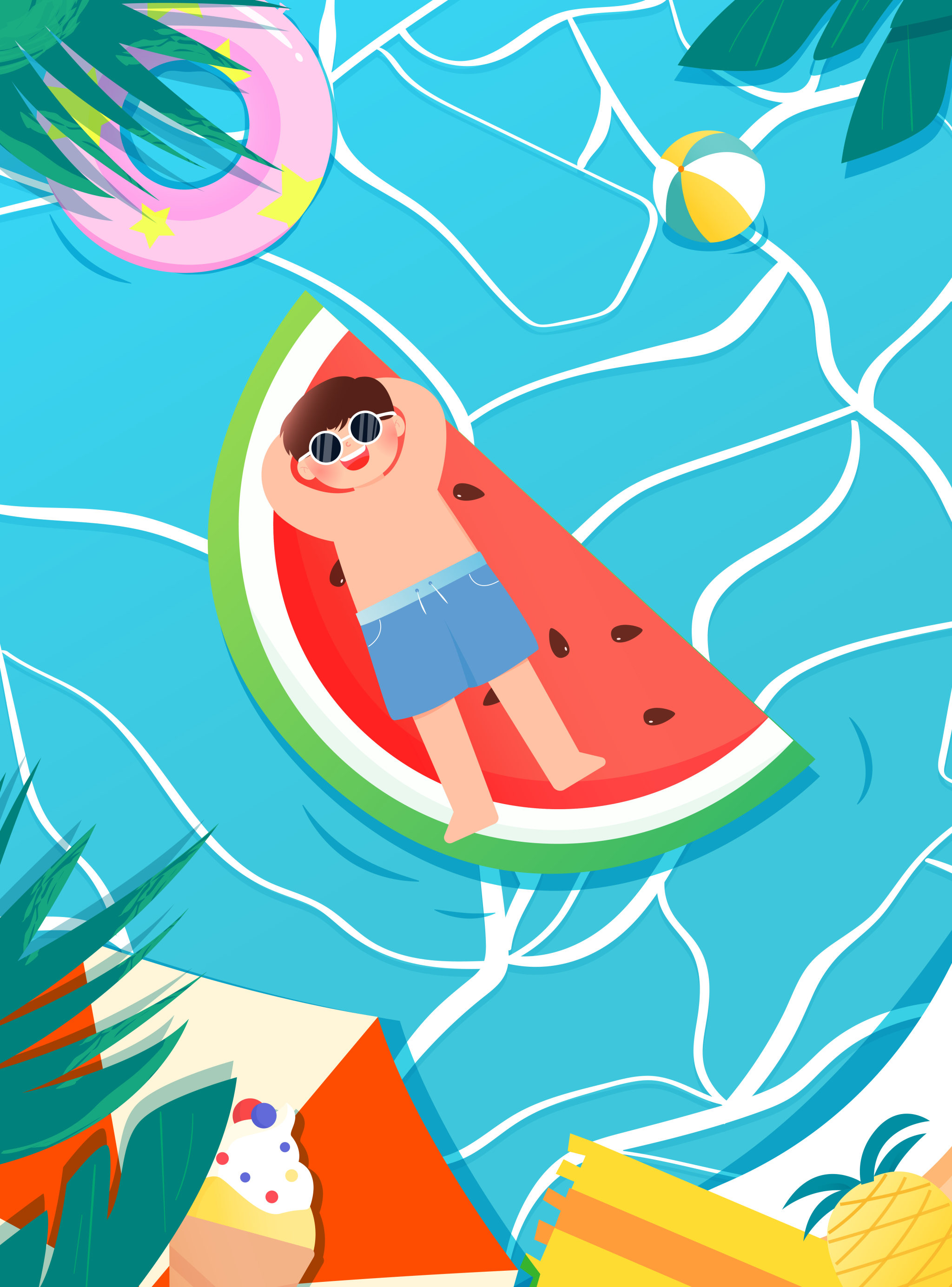 男孩躺在西瓜上夏日泳池矢量插画海报背景