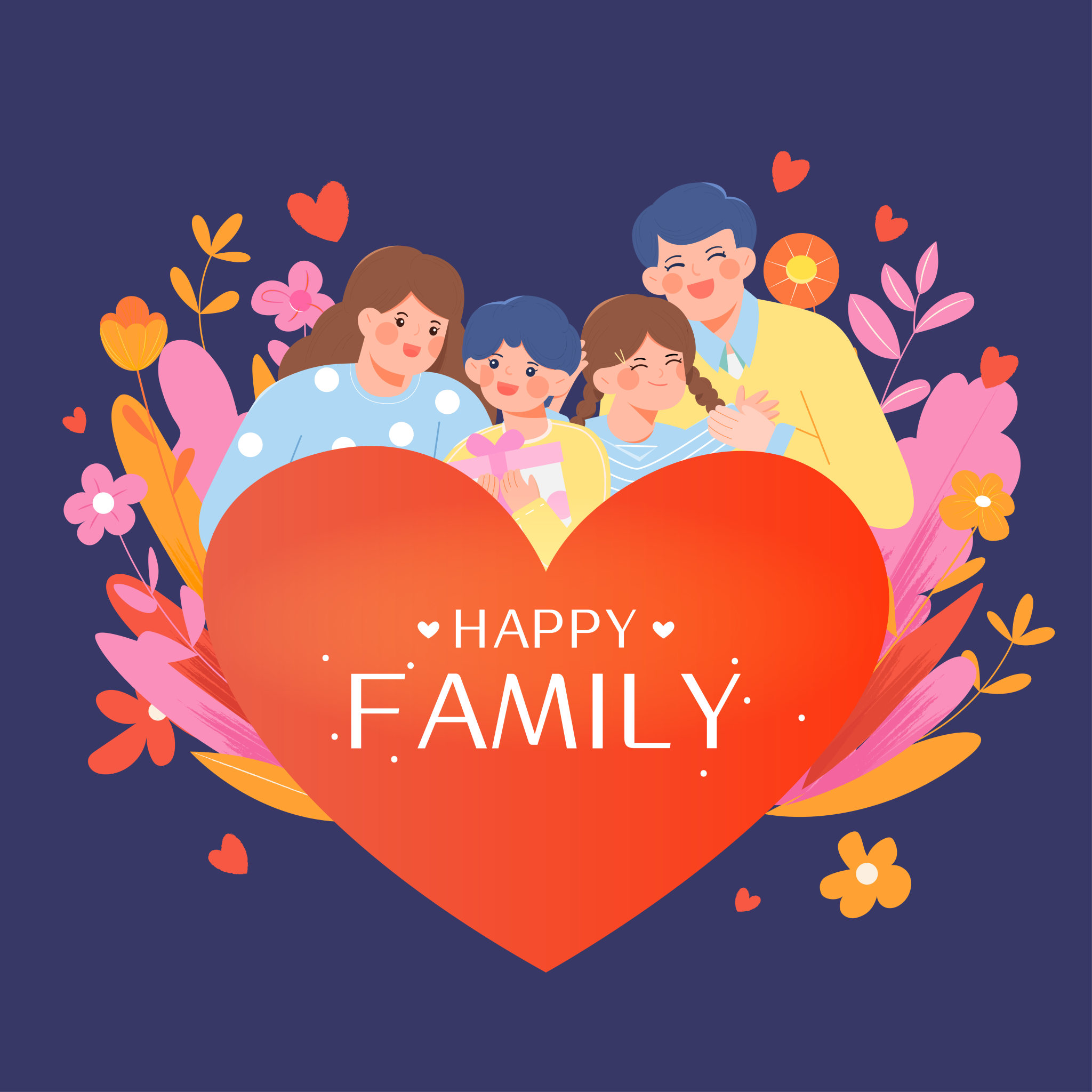 一家四口手捧爱心矢量插画海报