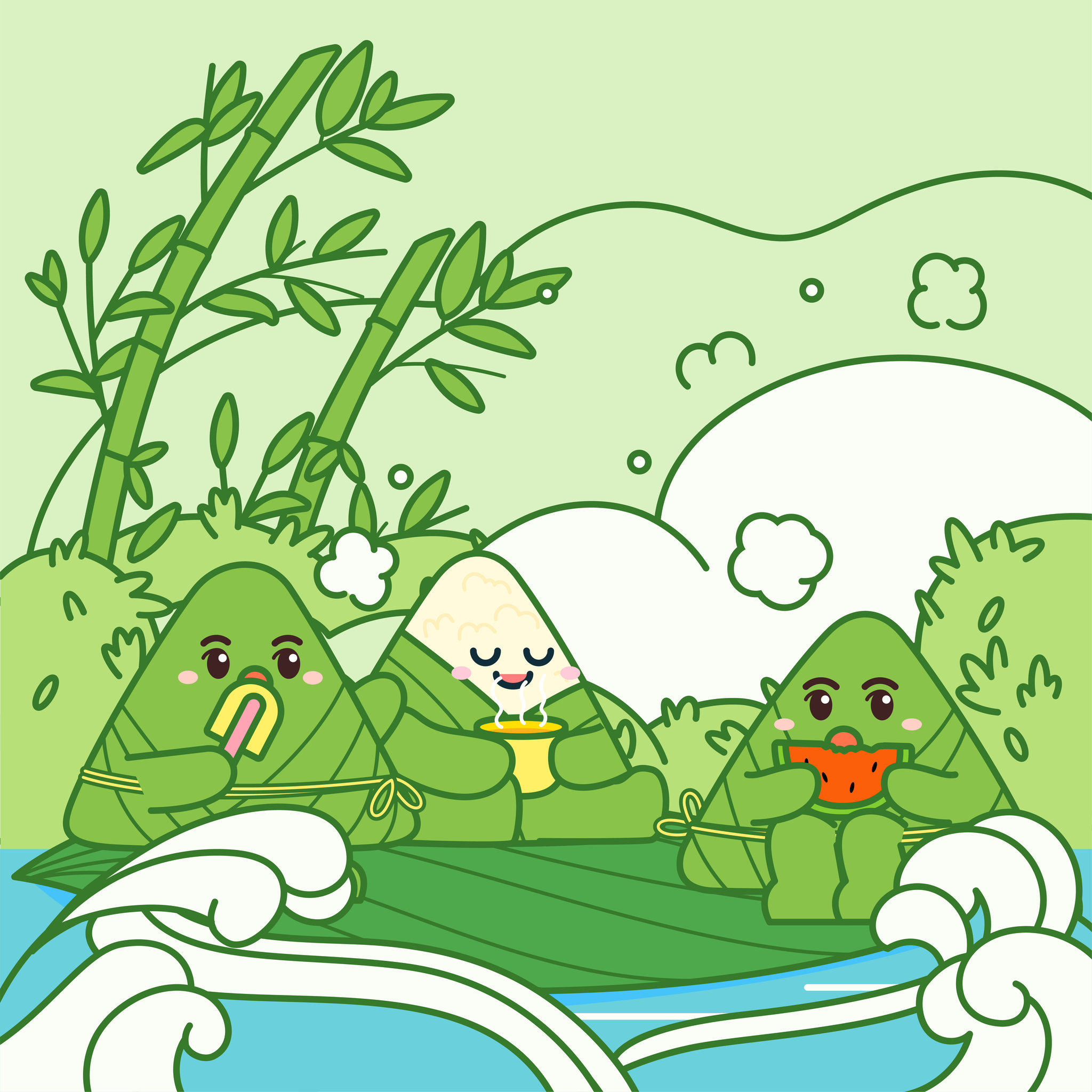 端午节卡通描边粽子吉祥物和竹子草丛矢量插画方图