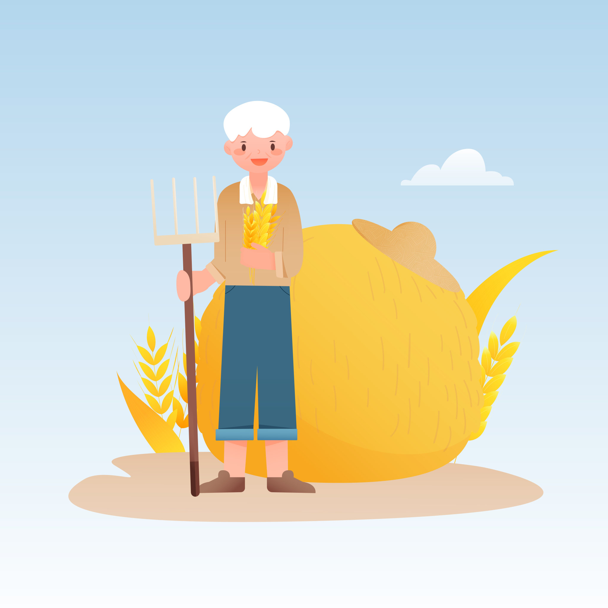 农民伯伯抱着麦穗站在麦垛前丰收矢量插画海报方图