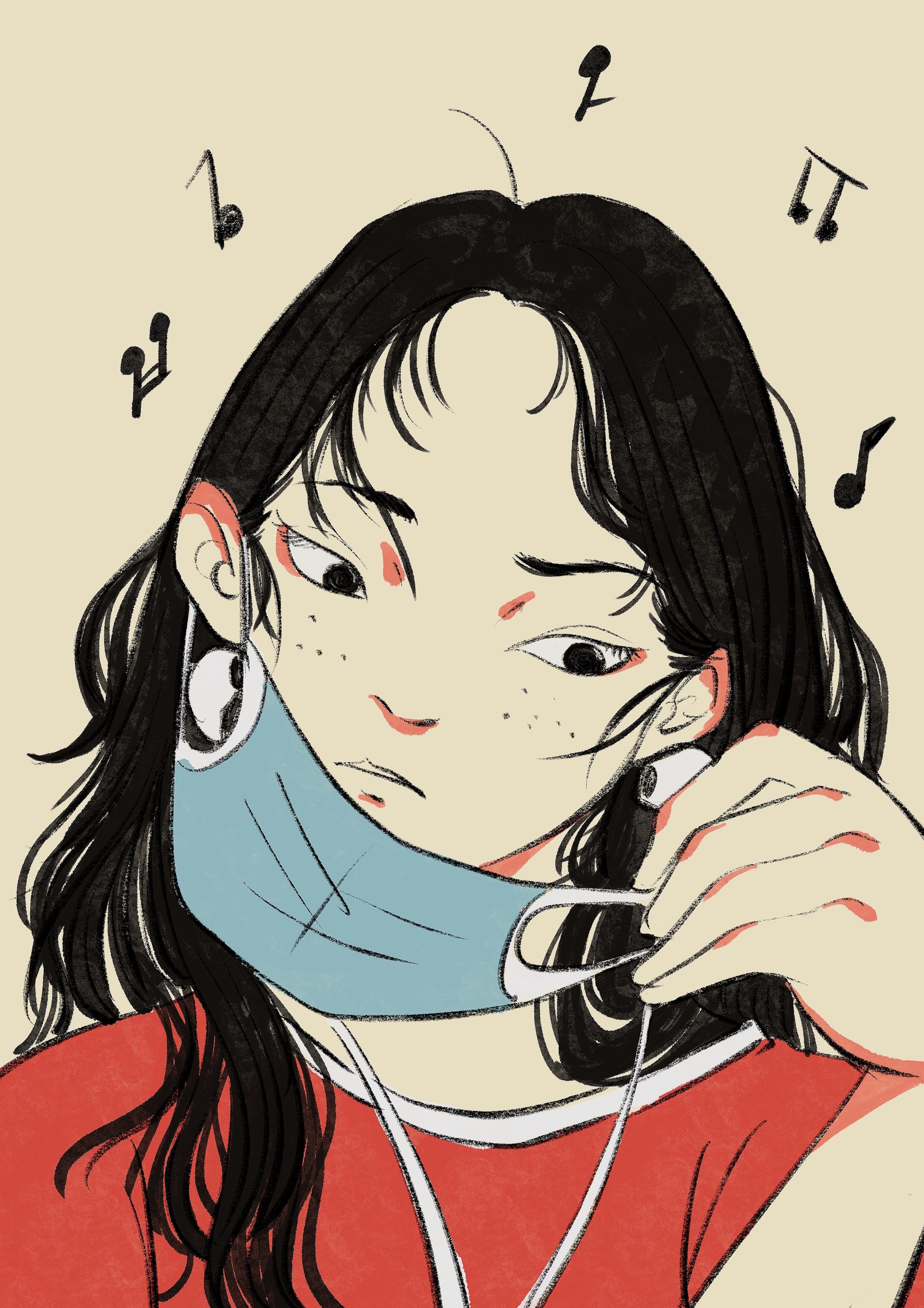 摘下口罩和耳机