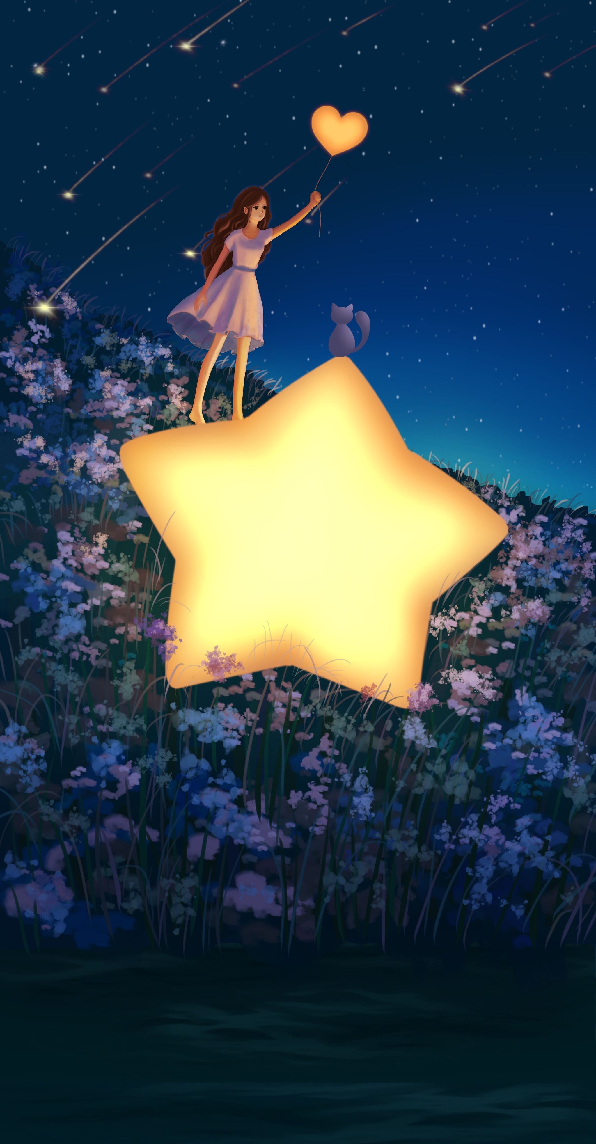 花丛中的女孩和星星