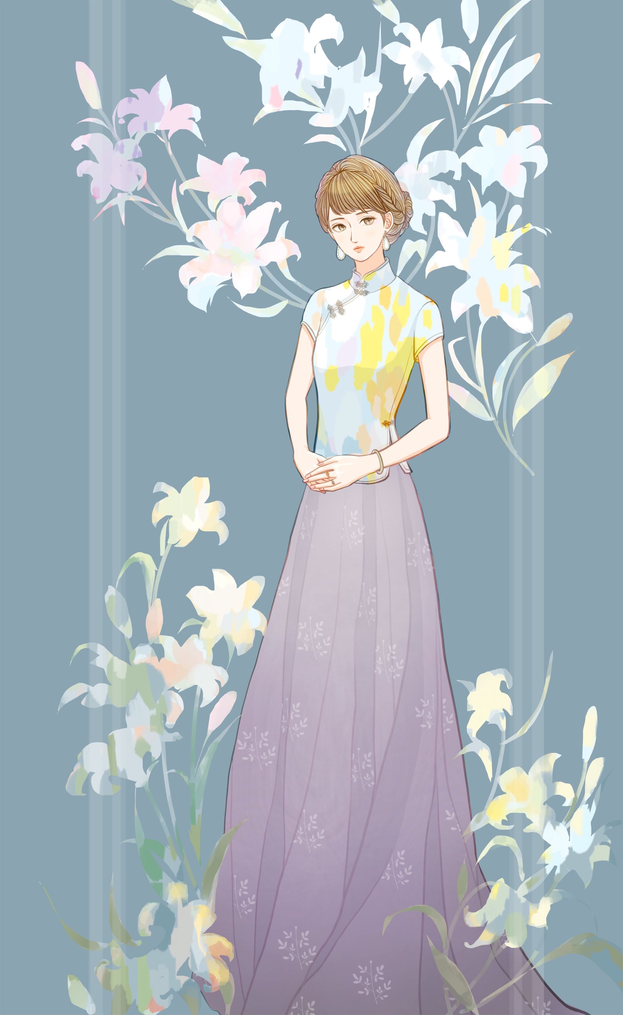 旗袍女孩与百合花