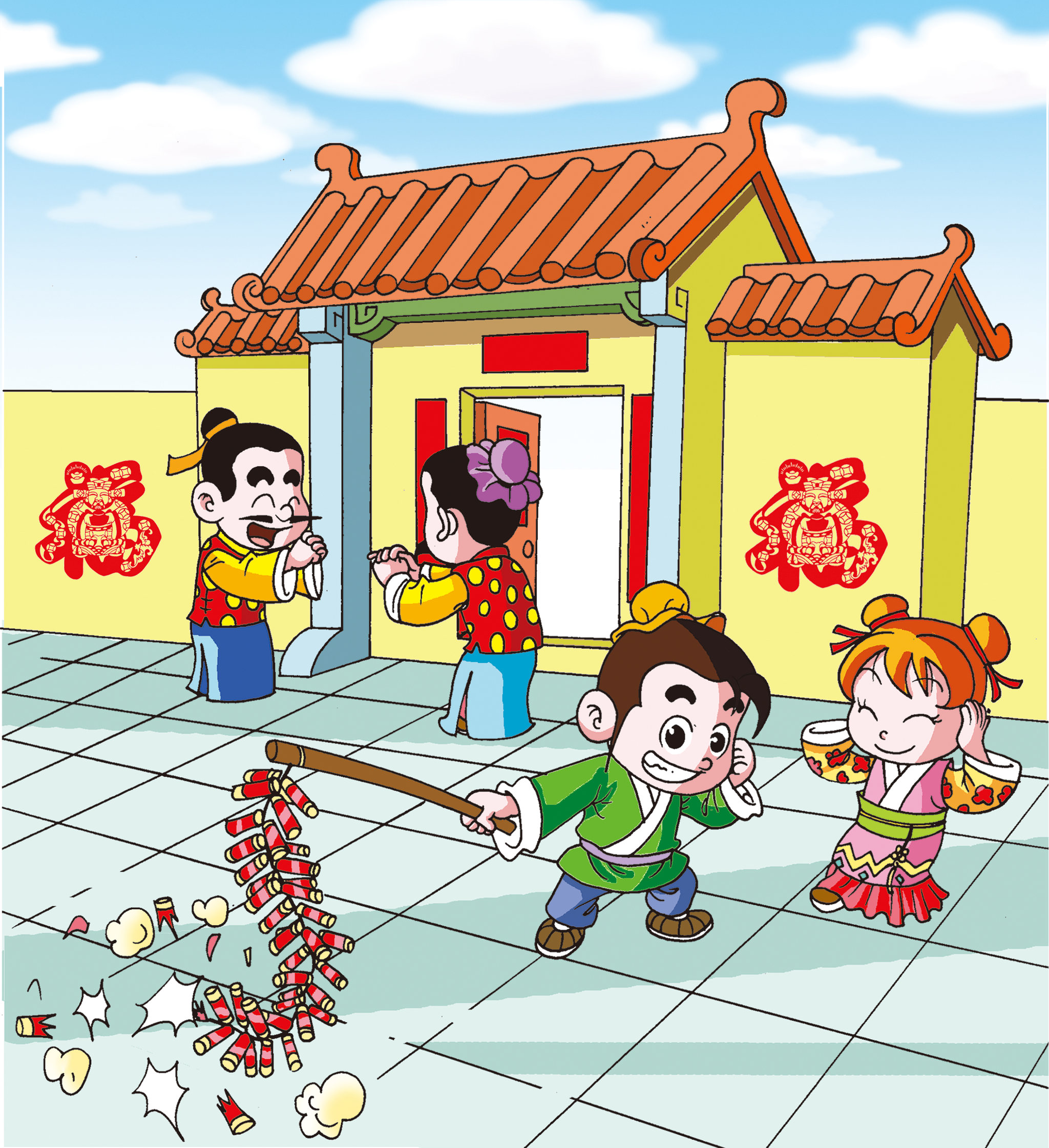 插画:春节放鞭炮