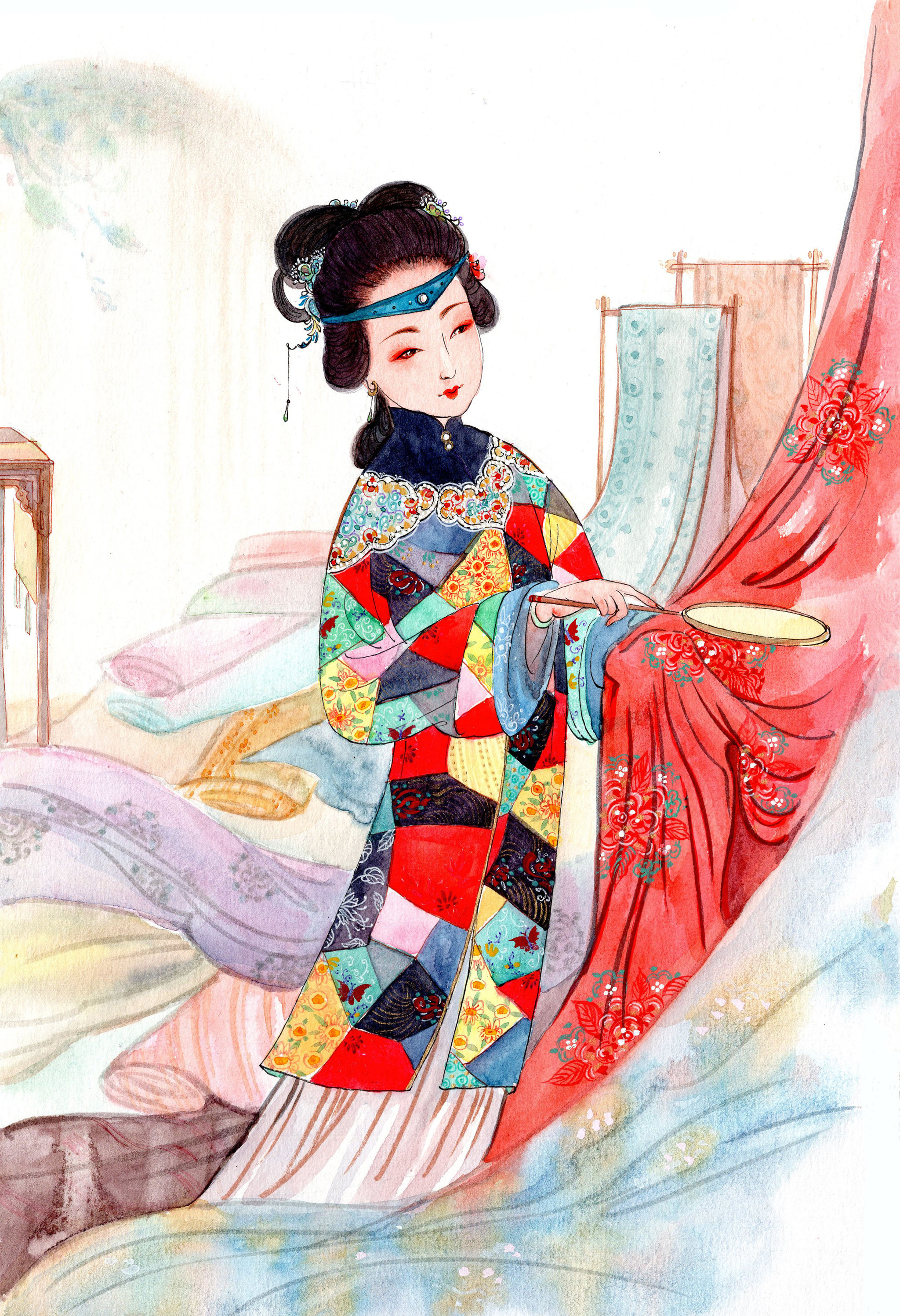 插画:水彩手绘古风明代仕女