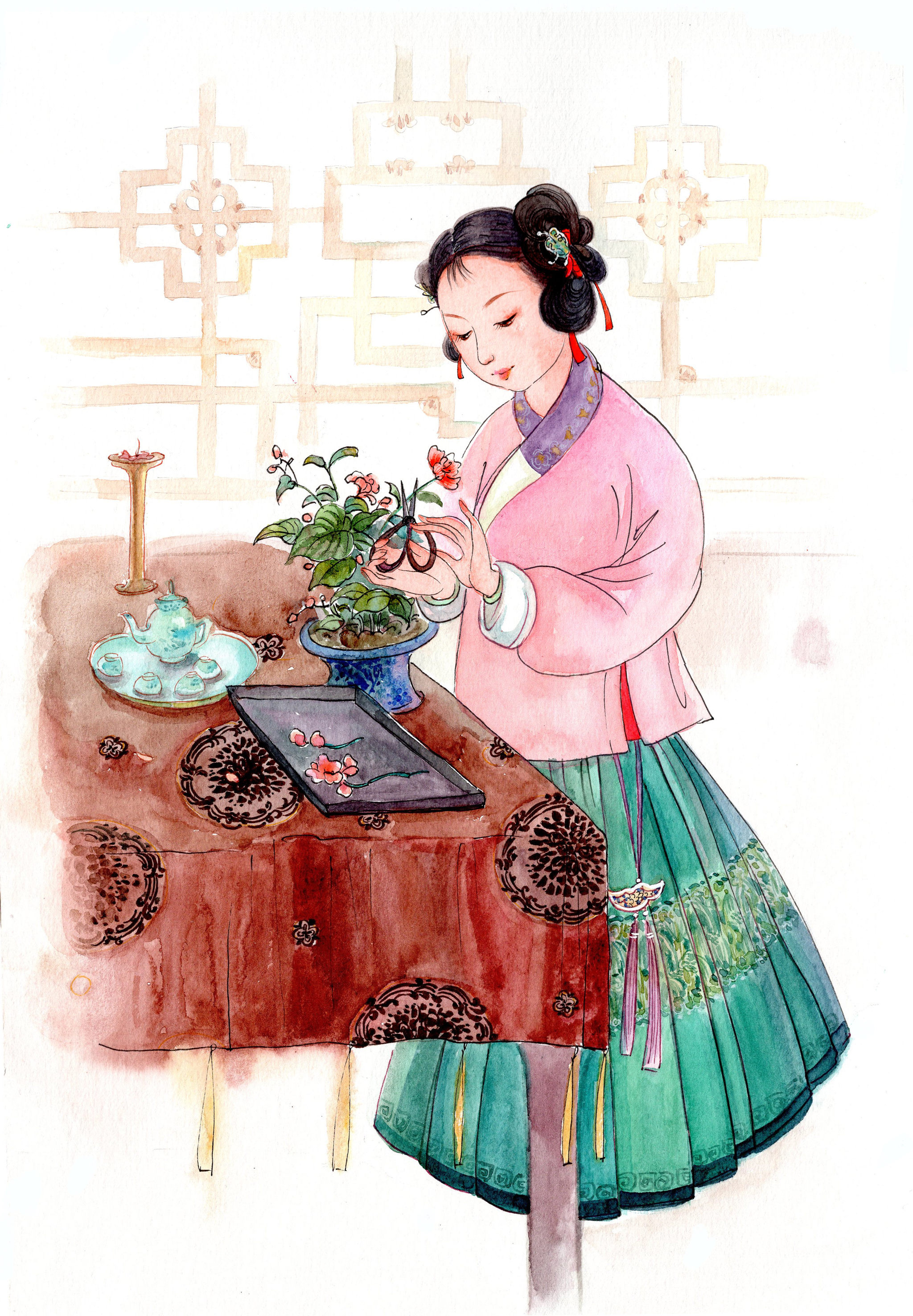 插画水彩手绘明代衣冠少女对窗拈花