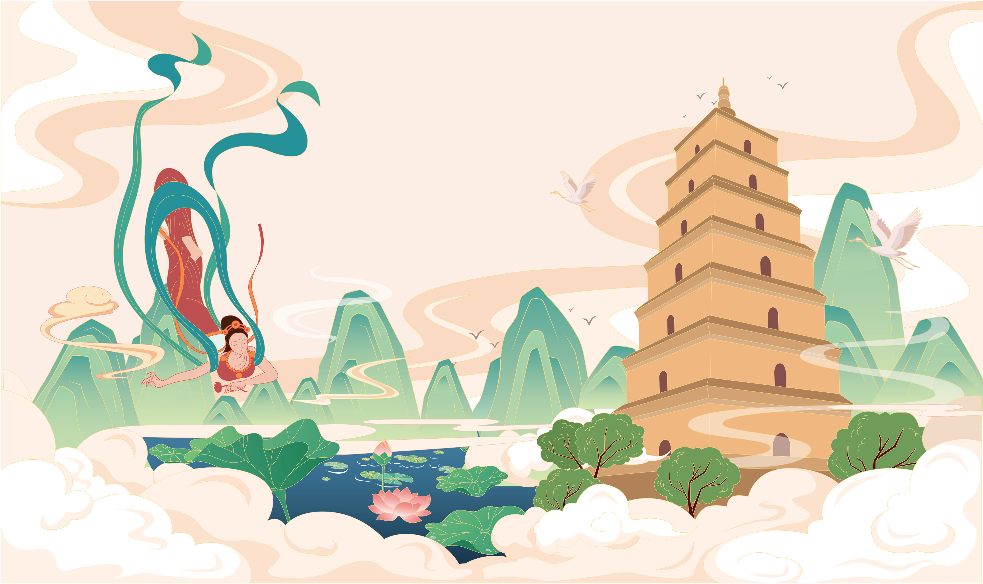 东方国潮风仙女下凡西安大雁塔仙境图