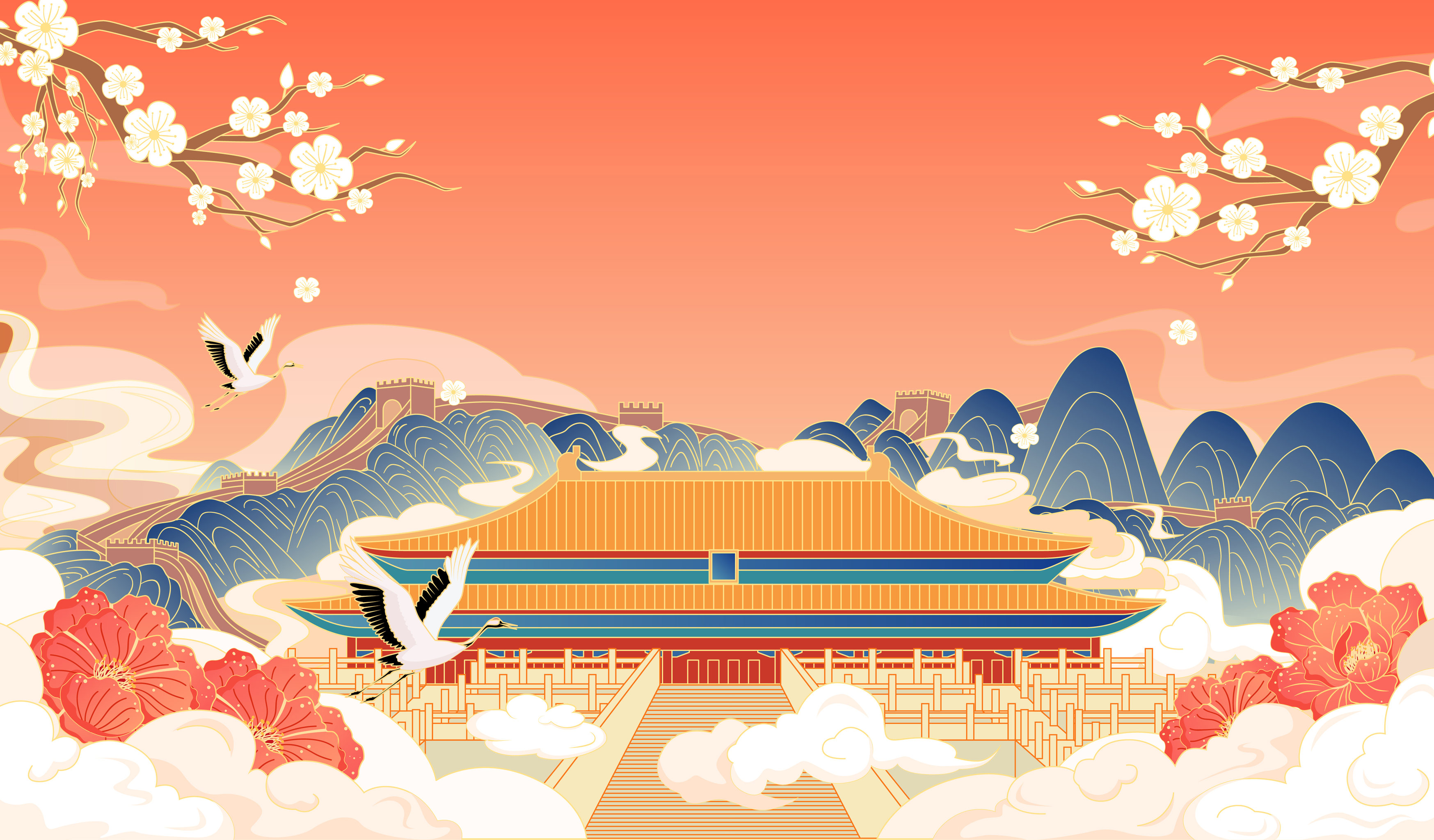 北京故宫长城国风插画