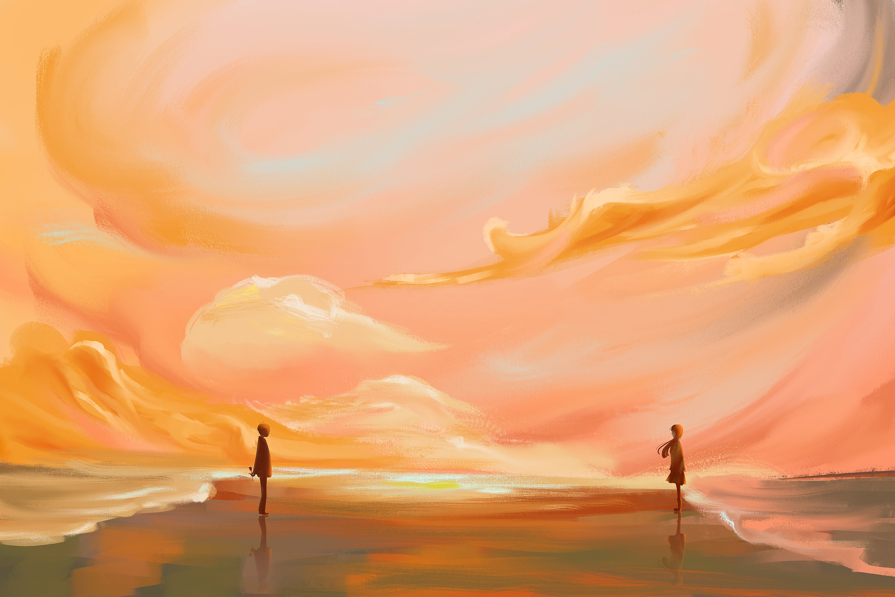 傍晚海边对望的情侣插画 - 岁时 - 原创作品 - 视觉中国(shijueme)