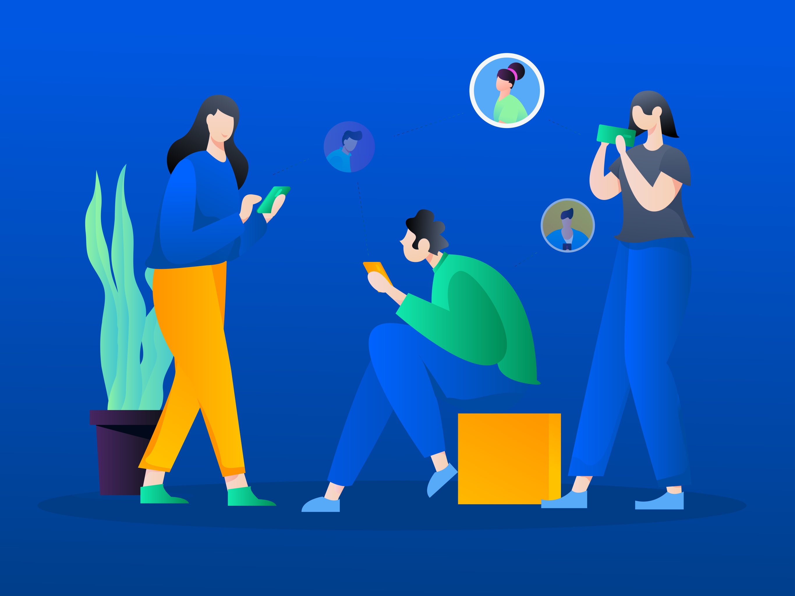 科技版通过手机进行社交活动认识更多的朋友,矢量可编辑概念人物