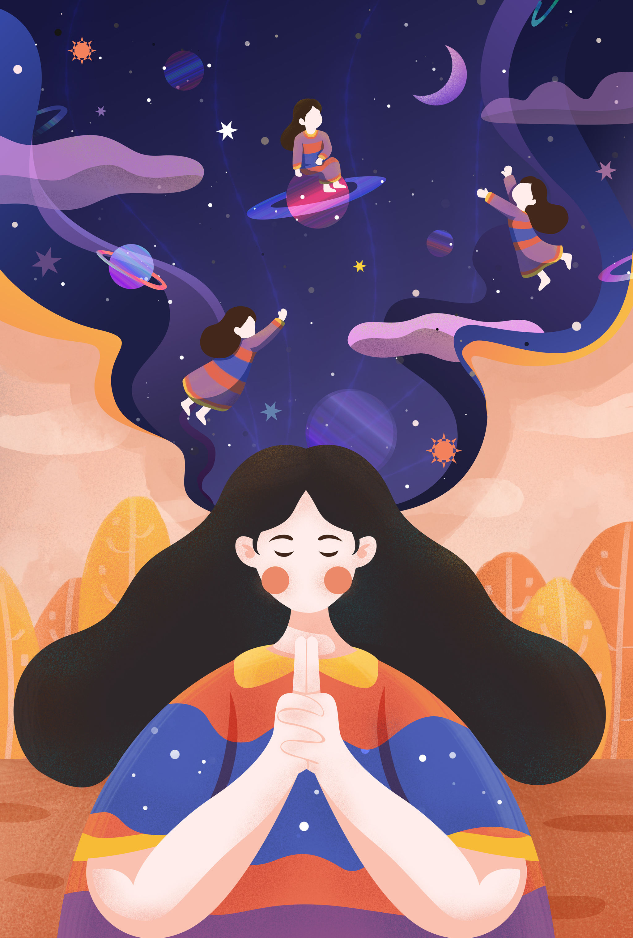 女孩许愿在星空下恣意遨游