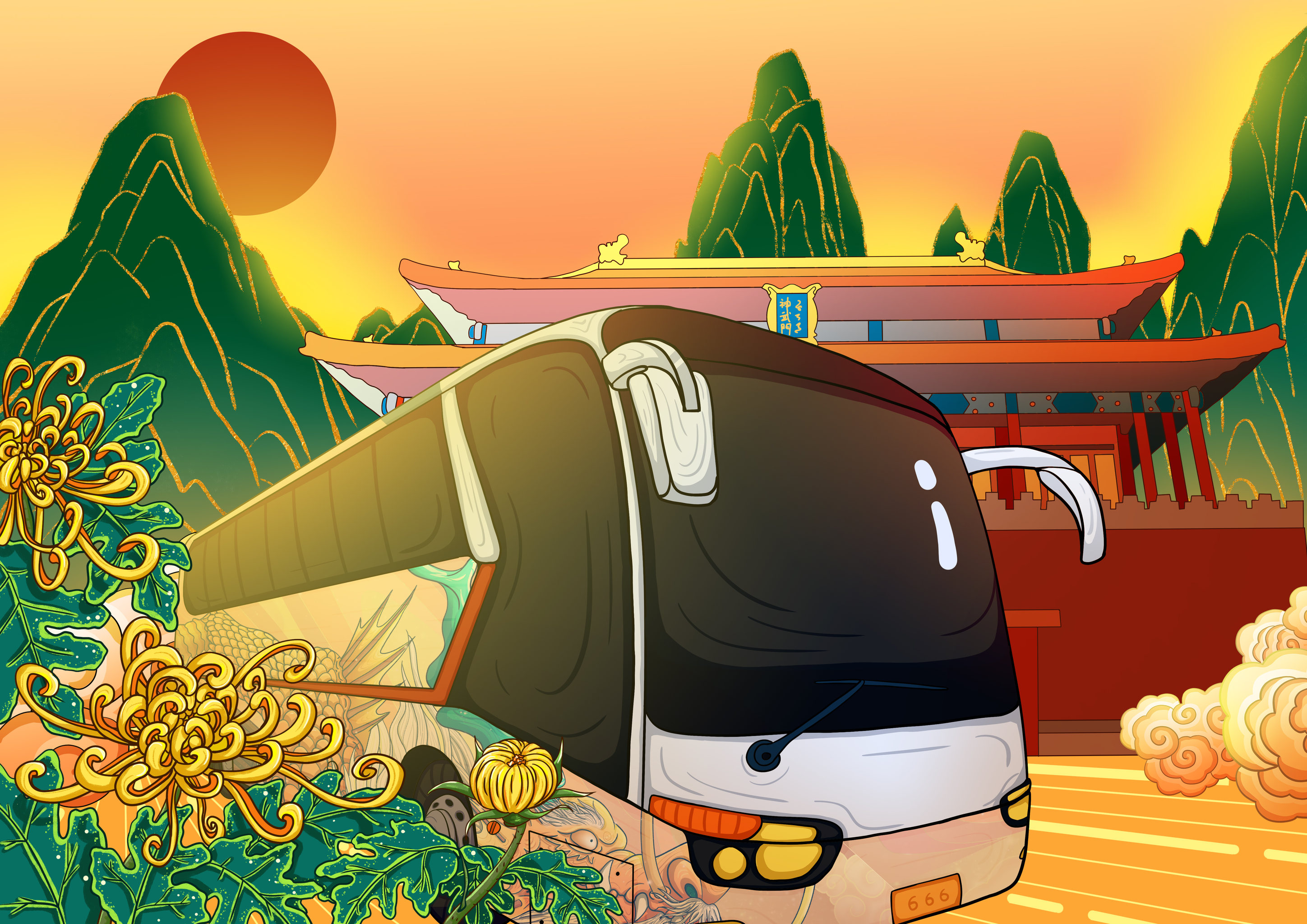 一辆在旅游景点的客运车