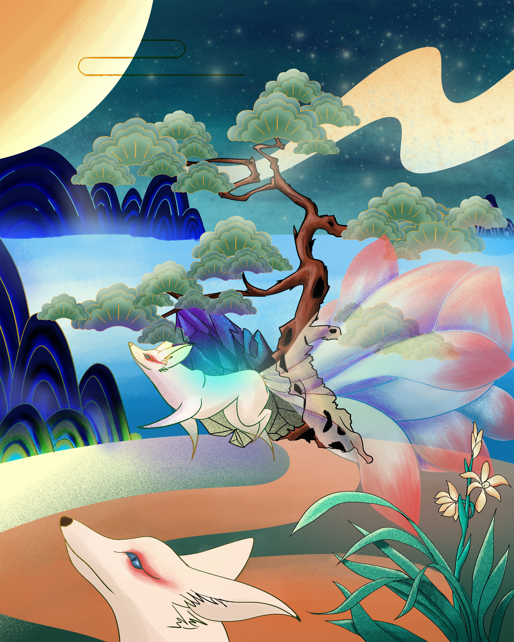 两只狐狸望着月亮