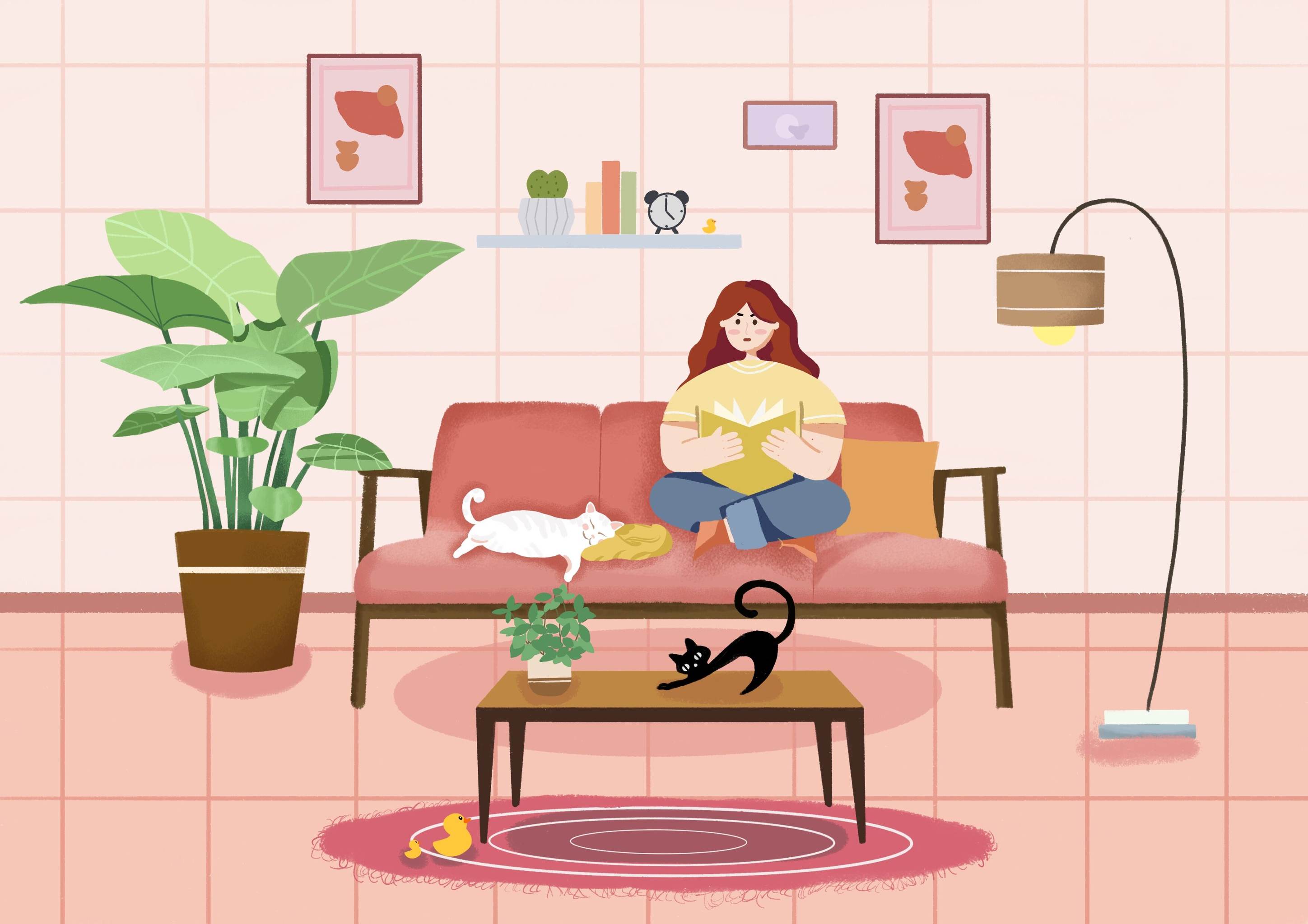 独居女孩扁平插画