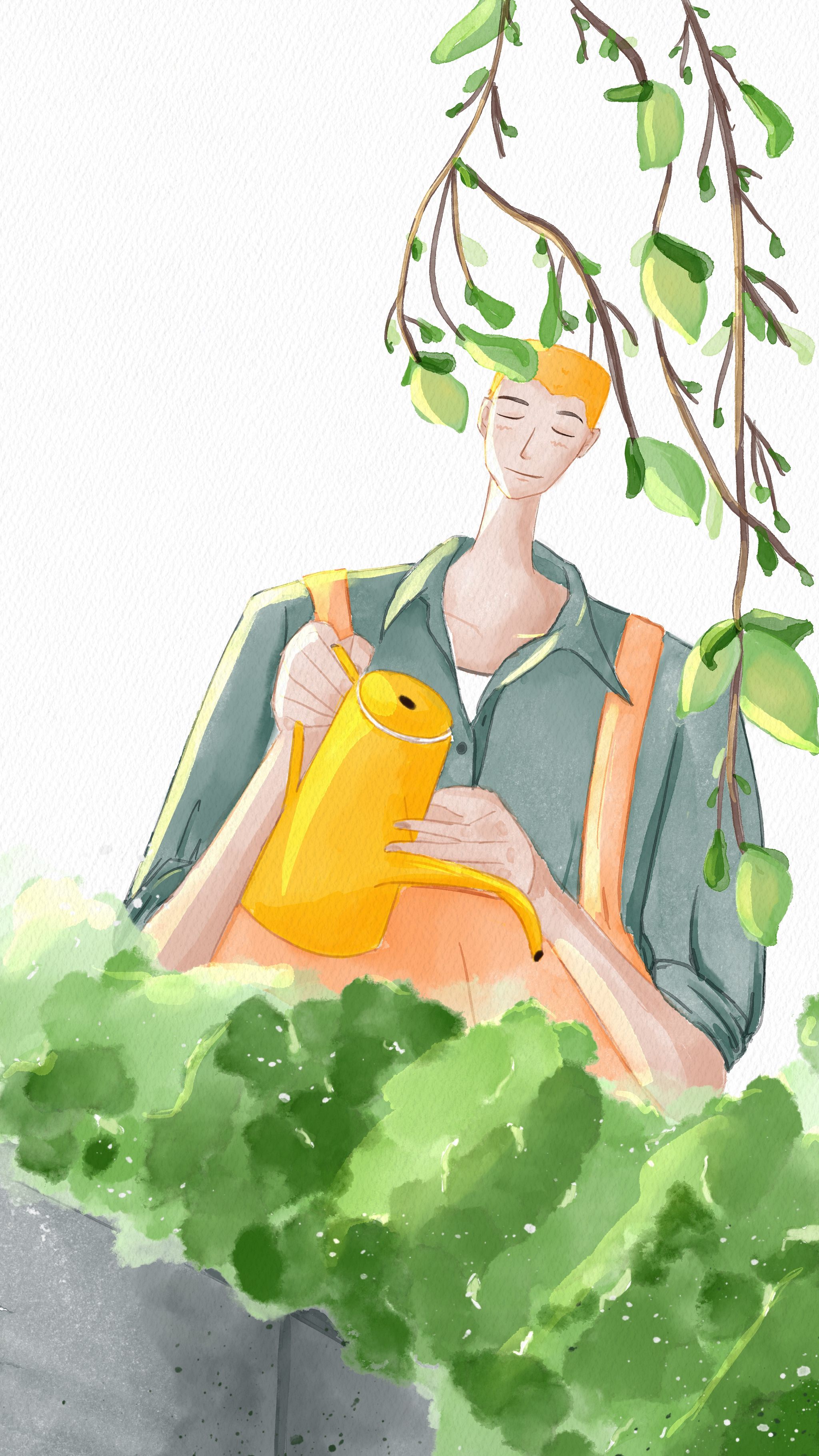 给植物浇花的男孩