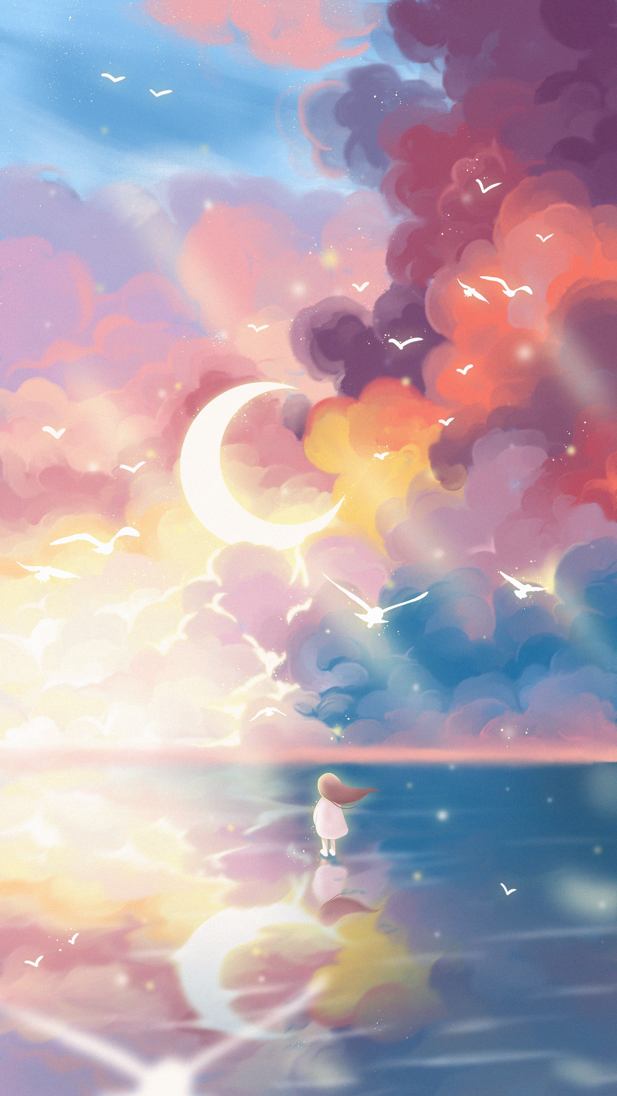 唯美治愈海上寻找月亮的女孩