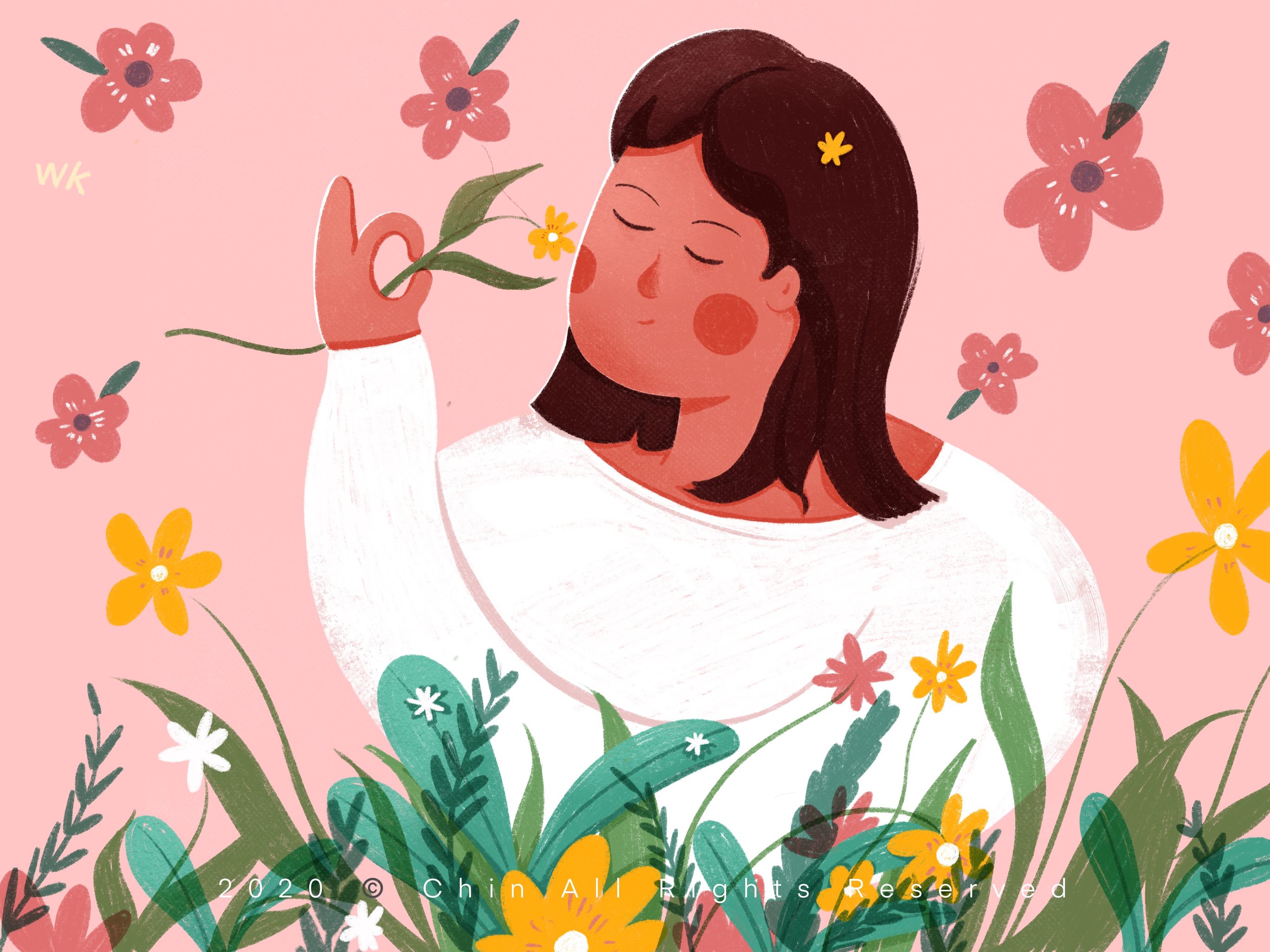 鲜花少女原创插画包装图案