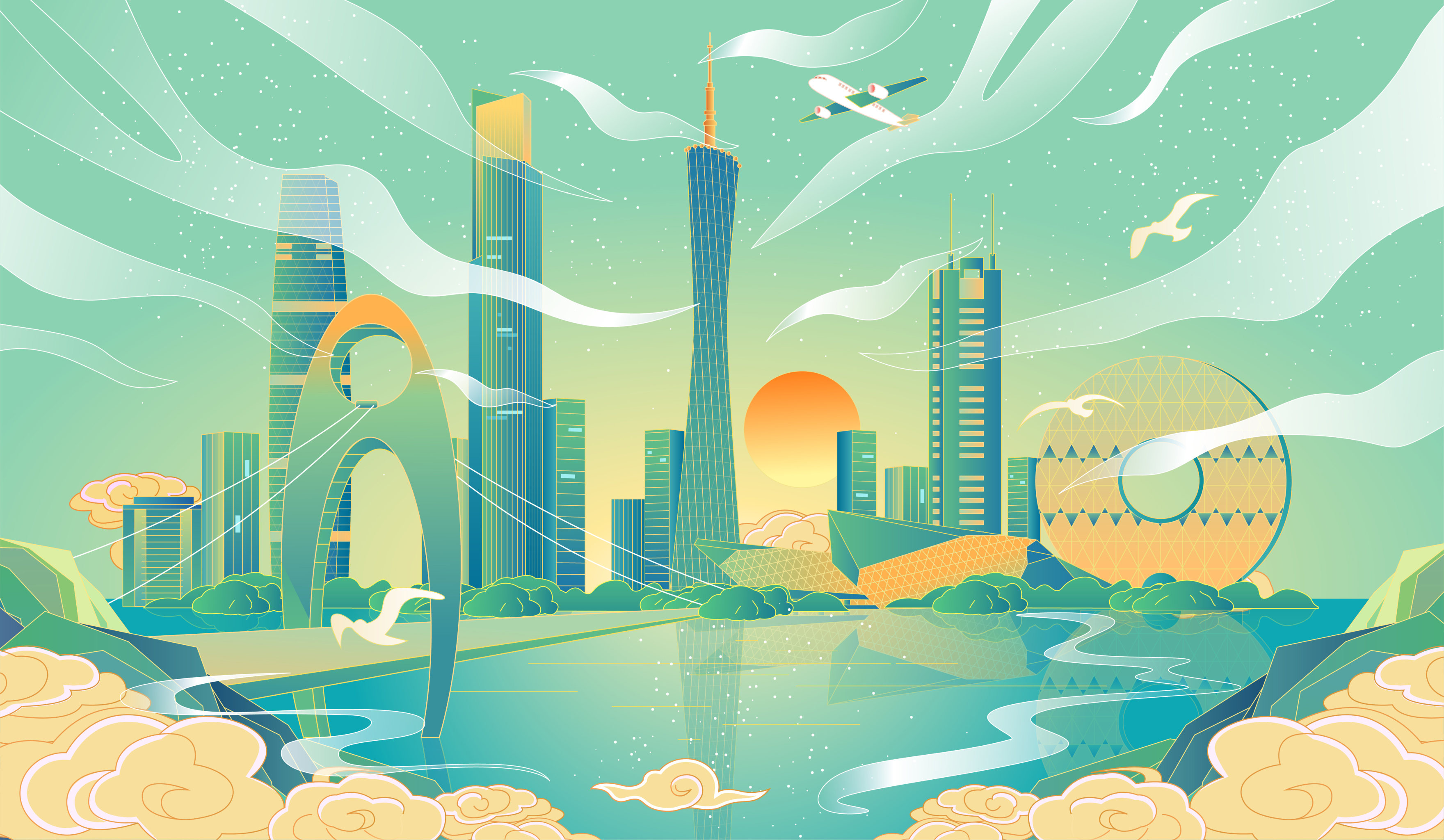 广州城市地标建筑国风插画