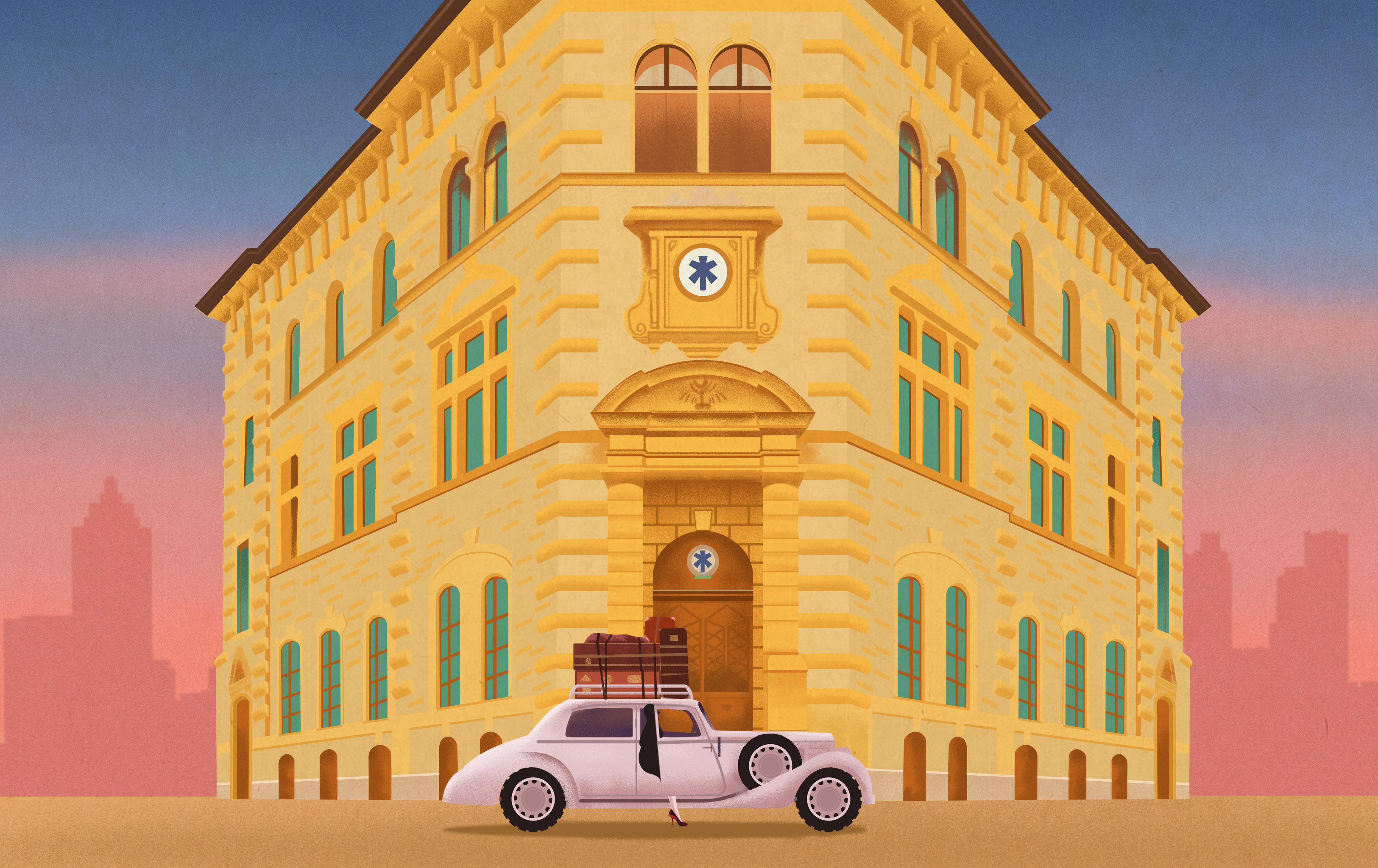 扁平风欧美建筑黄昏傍晚百老汇摩登女郎城市古建筑复古背景插画