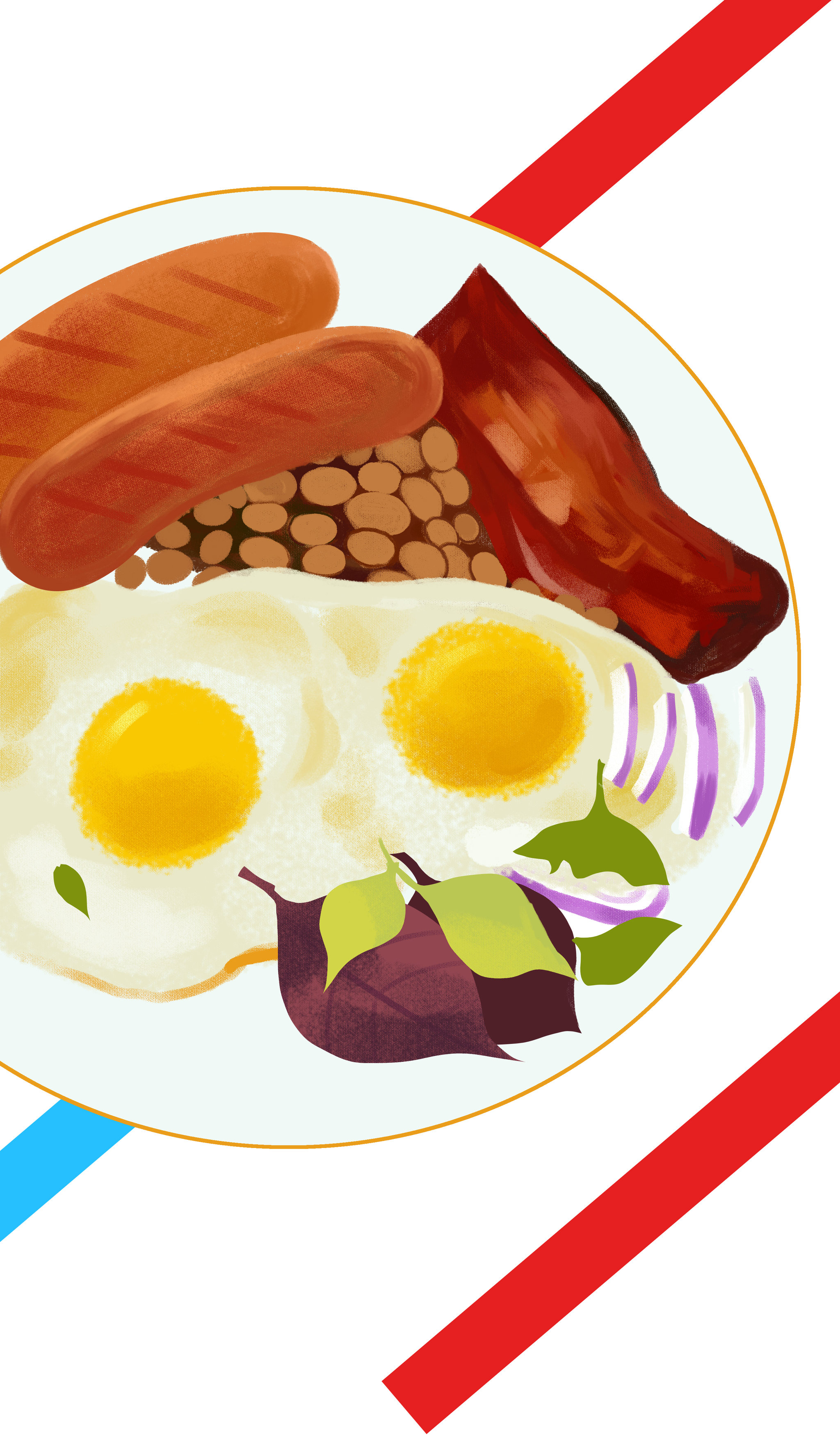 扁平风西餐美食鸡蛋香肠牛排洋葱背景素材插画