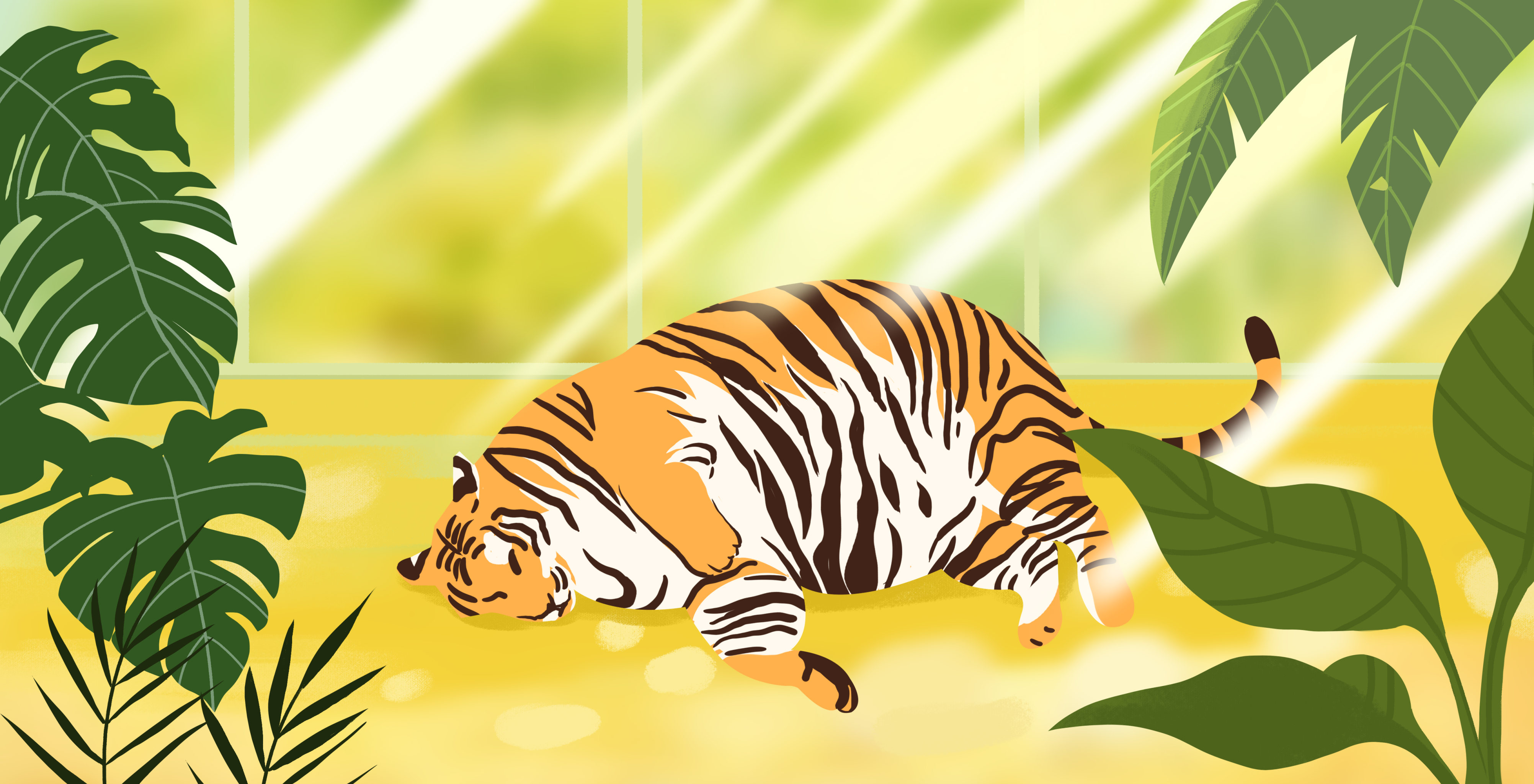 扁平风动物园老虎睡觉热带植物阳光背景插画
