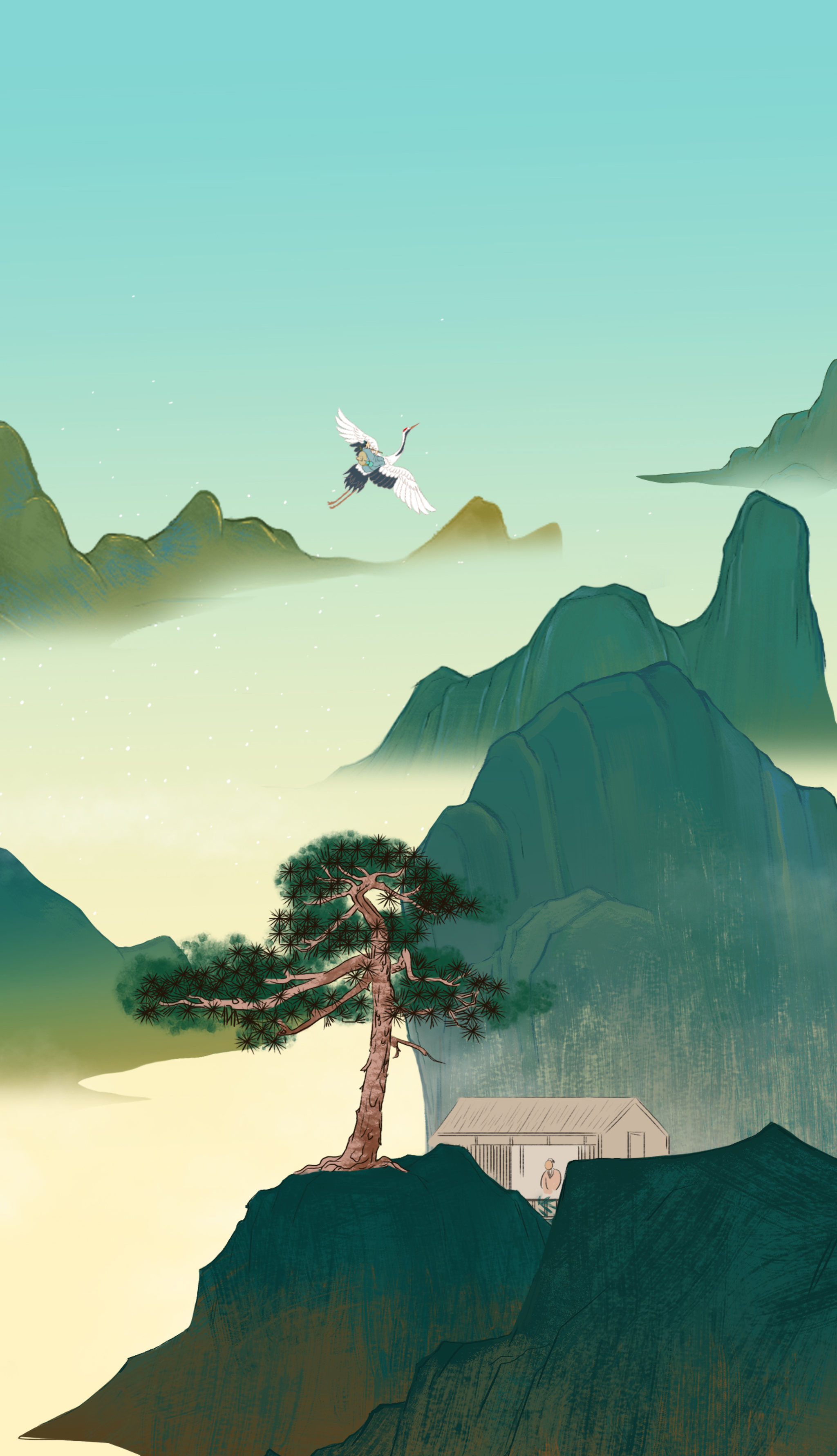 中国风新中式中国画青绿山水画仿古山川地理古风国潮插画