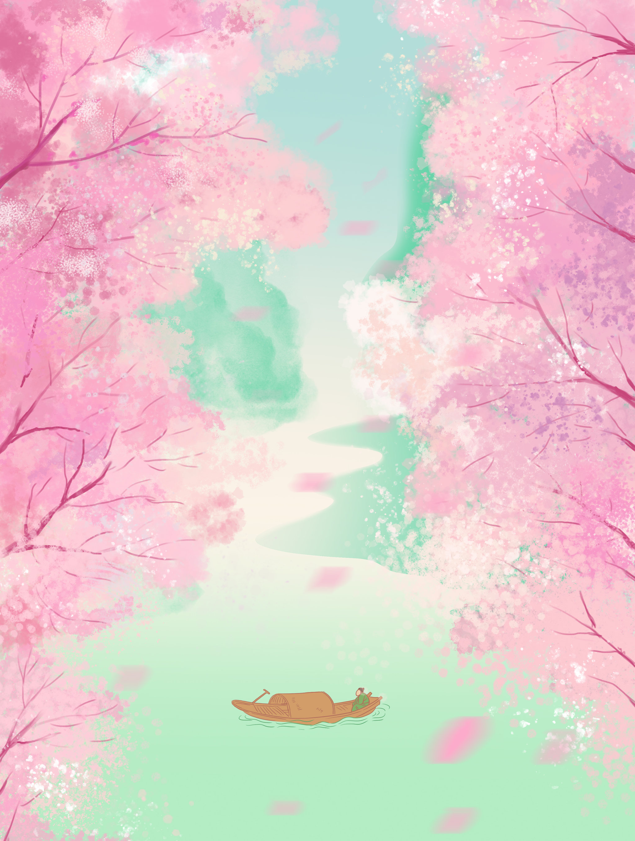 中国风青绿山水中国画世外桃花园唯美意境仿古古风湖面背景插画