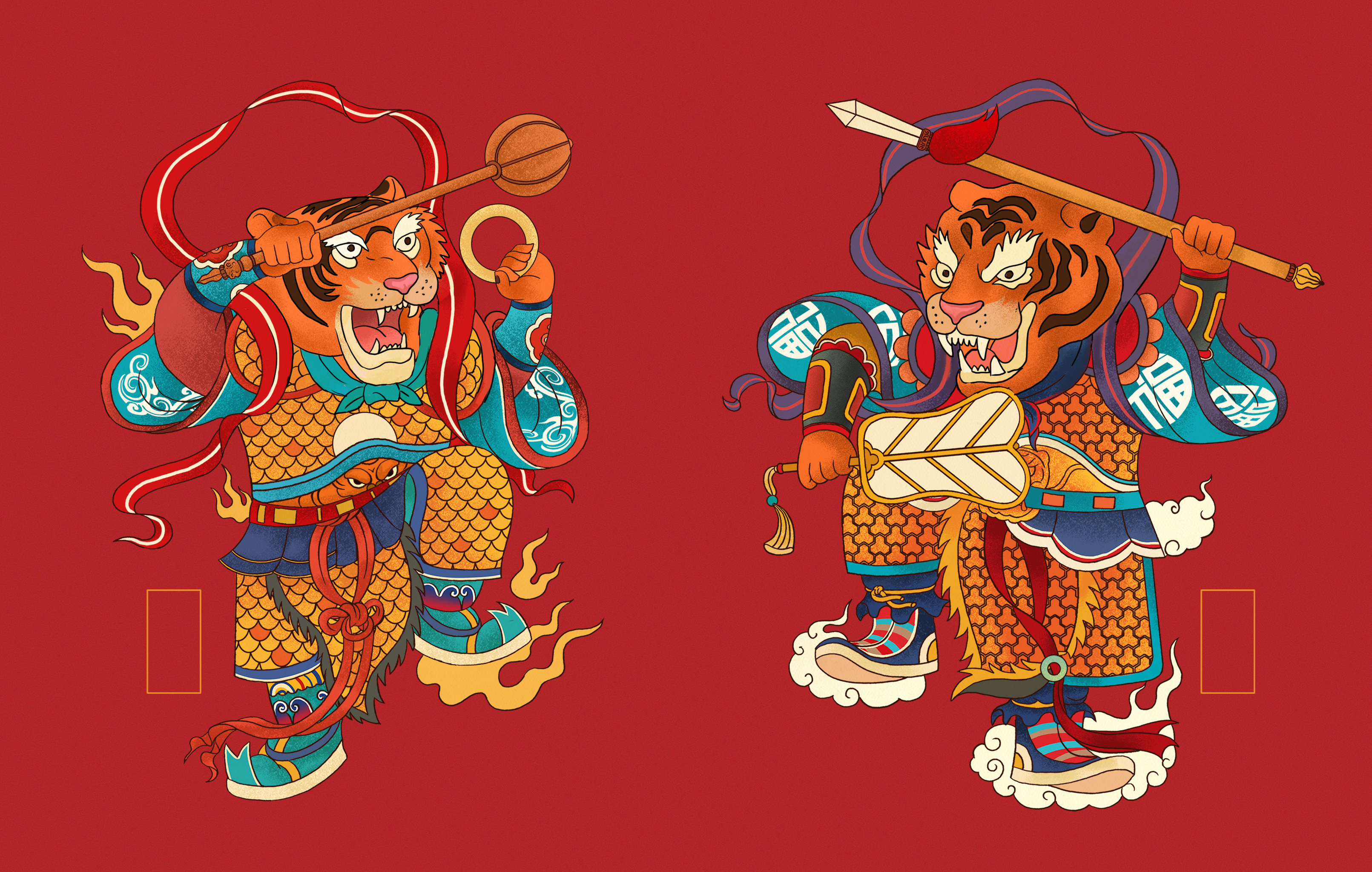国潮风2022年虎年新春除夕节日新年国风老虎门神镇宅插画