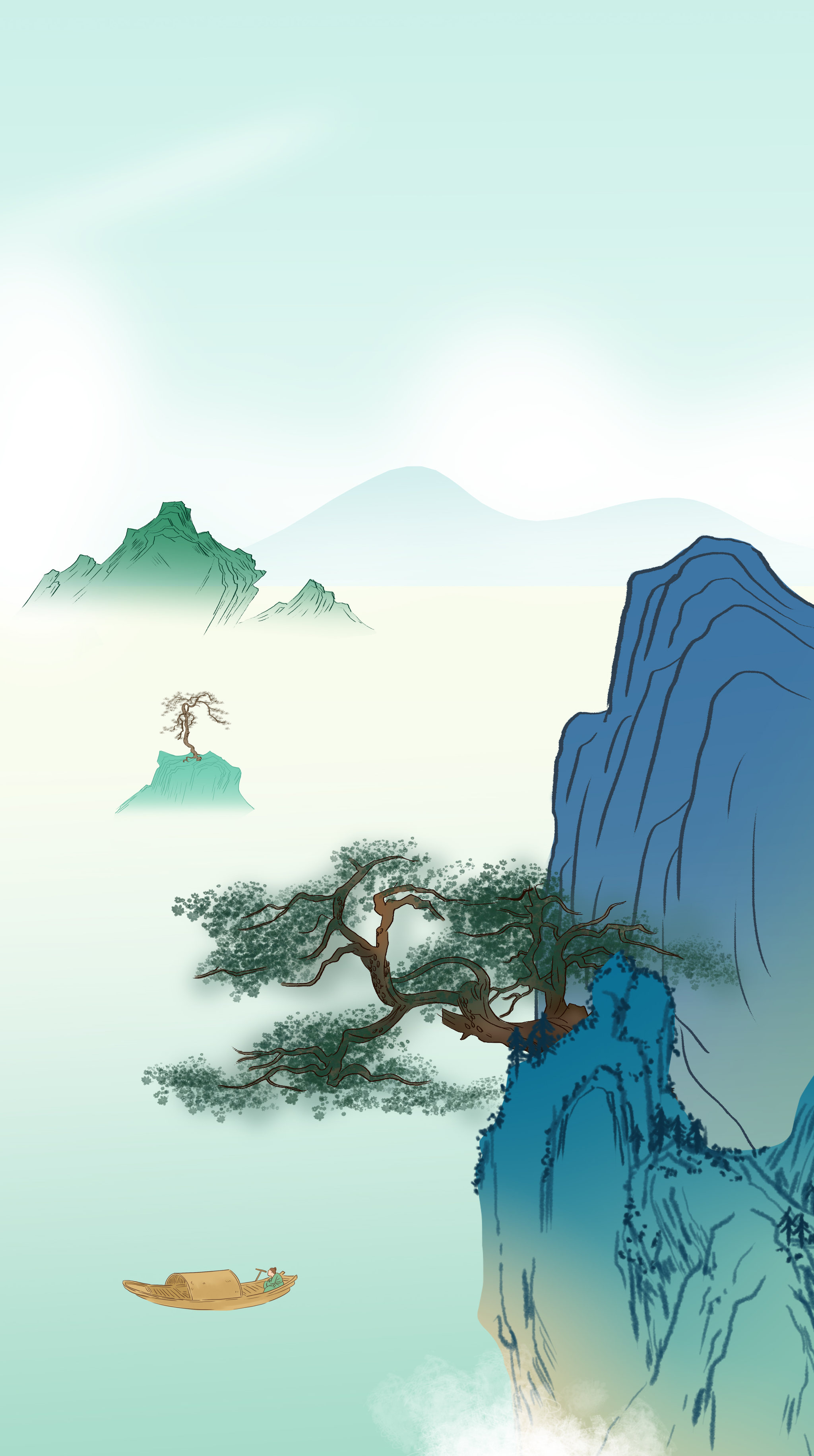 中国风新中式国潮中国画青绿山水画山川地理河流节气风景插画 - 牛牛