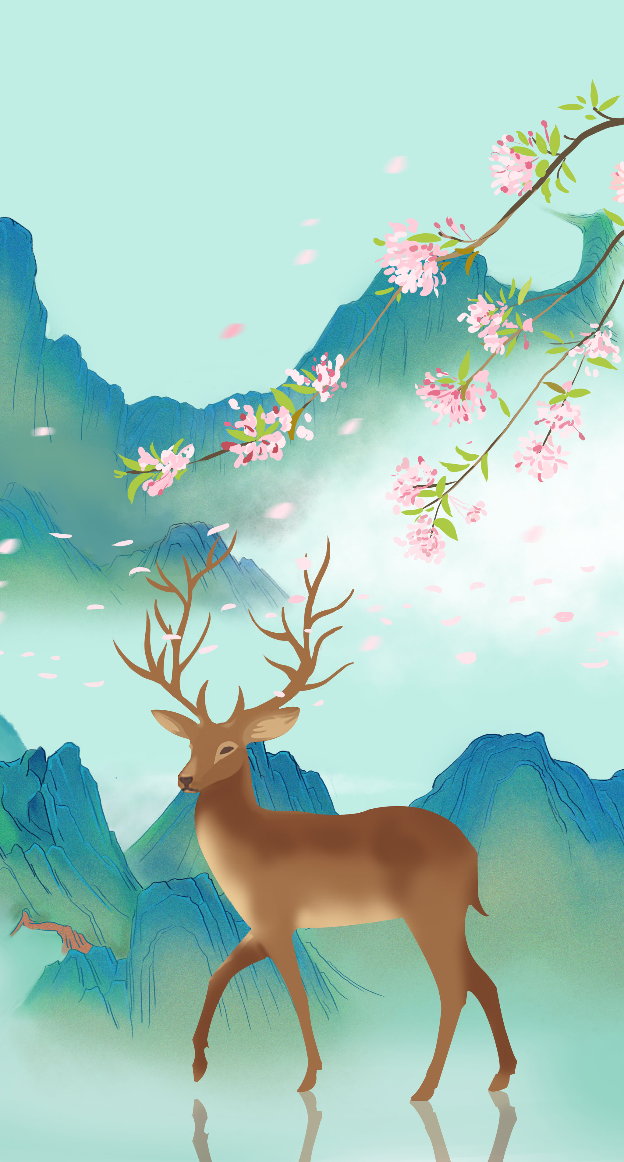 中国风新中式古风中国画青绿山水画节气海报梅花鹿插画