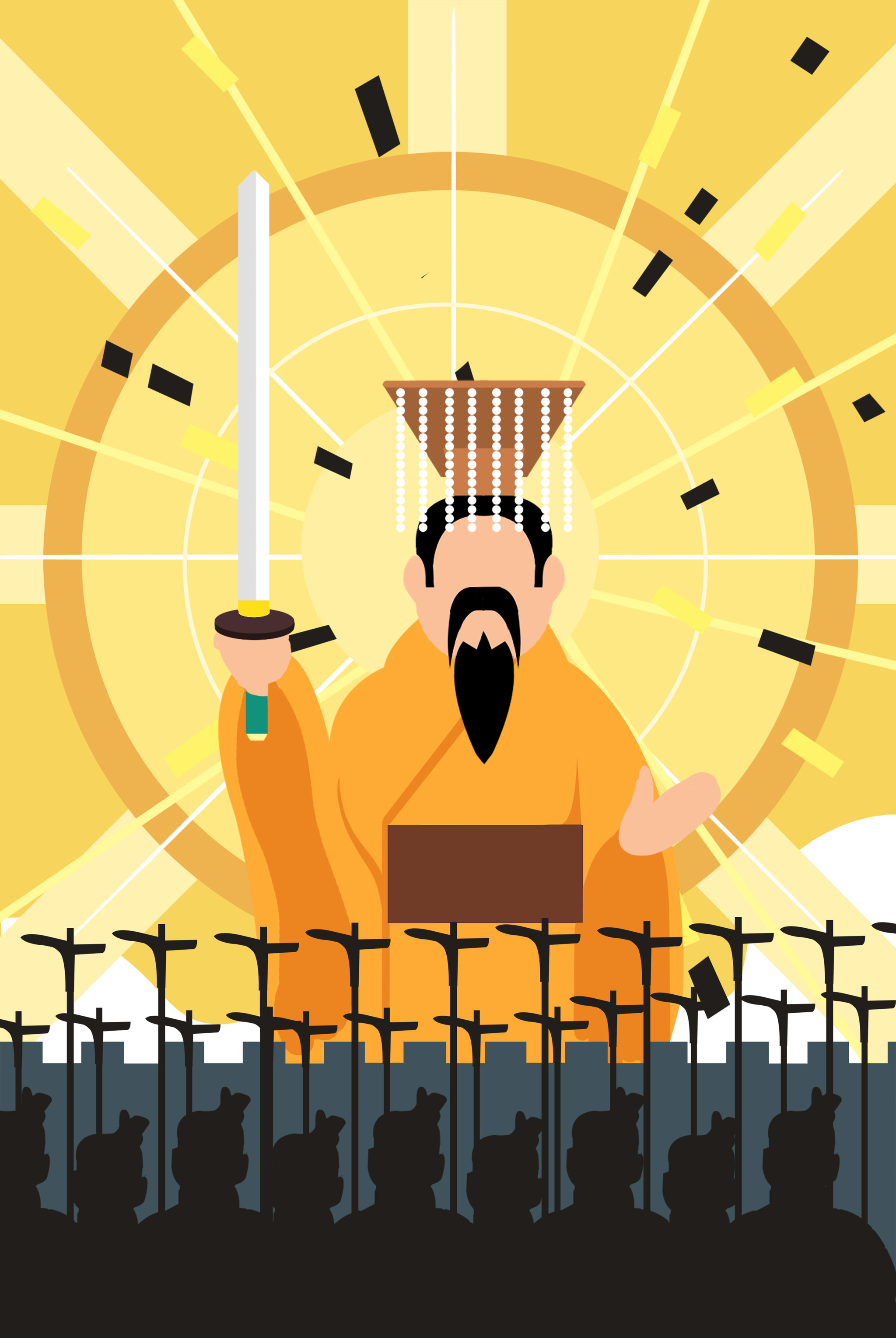 扁平风中国古代历史人物秦国秦始皇古代帝王军事战争背景插画